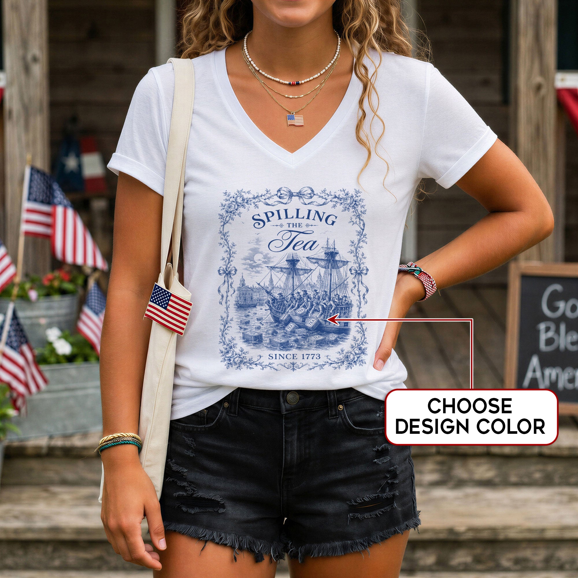 Women Spilling The Tea Since 1773 V-Neck Shirt Vintage Patriotic Boston Tea Party Tee