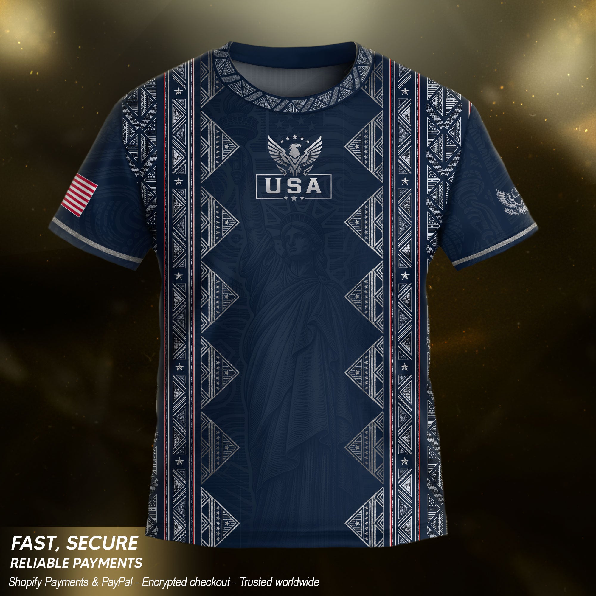 Youth Blue USA Football Jersey Breathable Patriotic Statue Liberty Design Fan Tee