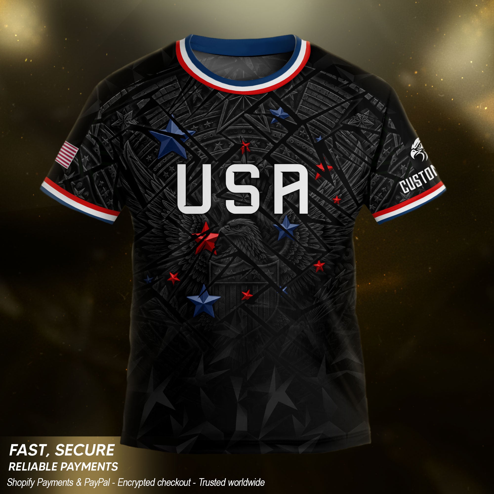 Kids USA Soccer Jersey Black Personalized Youth Patriotic American Football Shirt