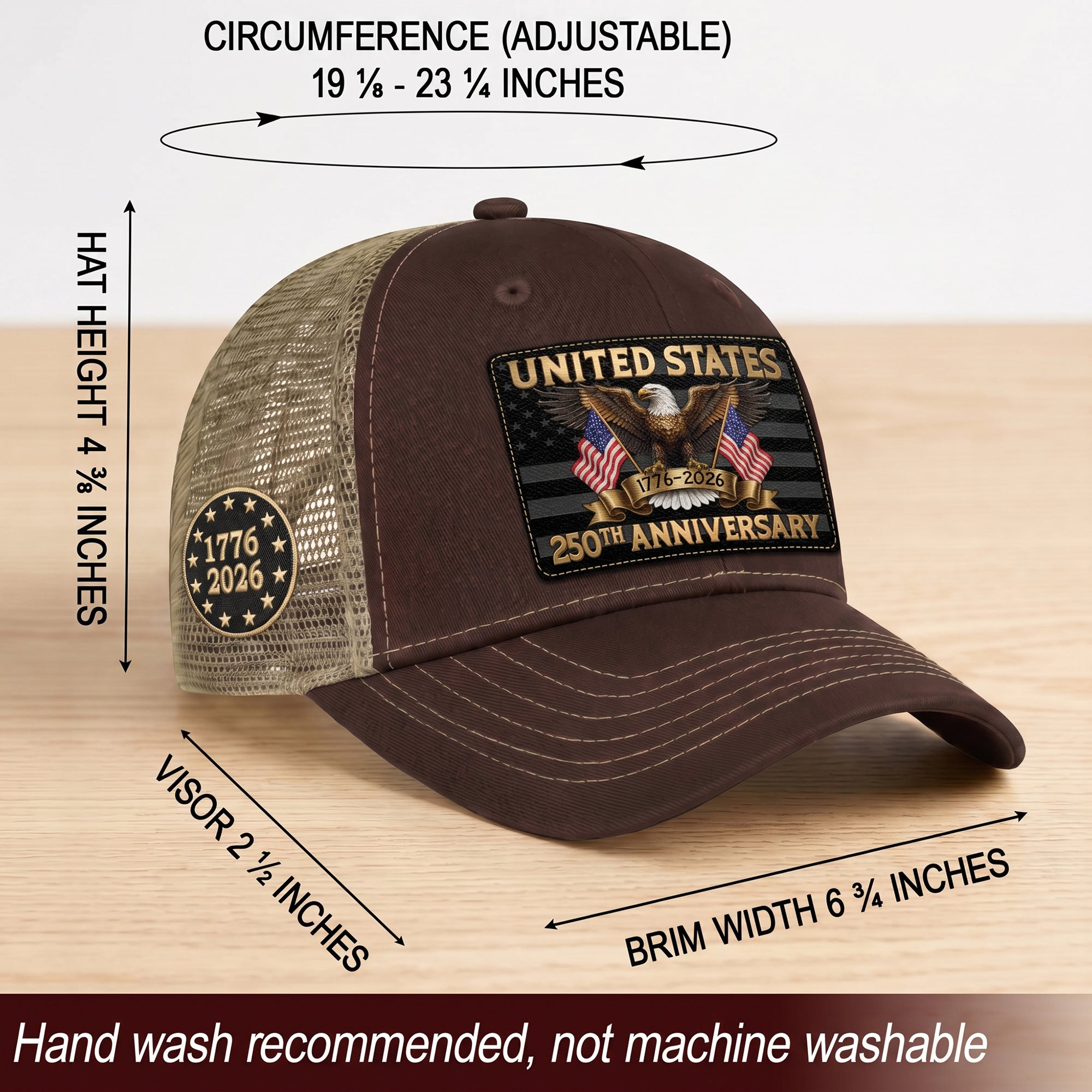 Brown Tan Mesh Back Cap Leather Patch 1776 to 2026 Structured Anniversary Hat