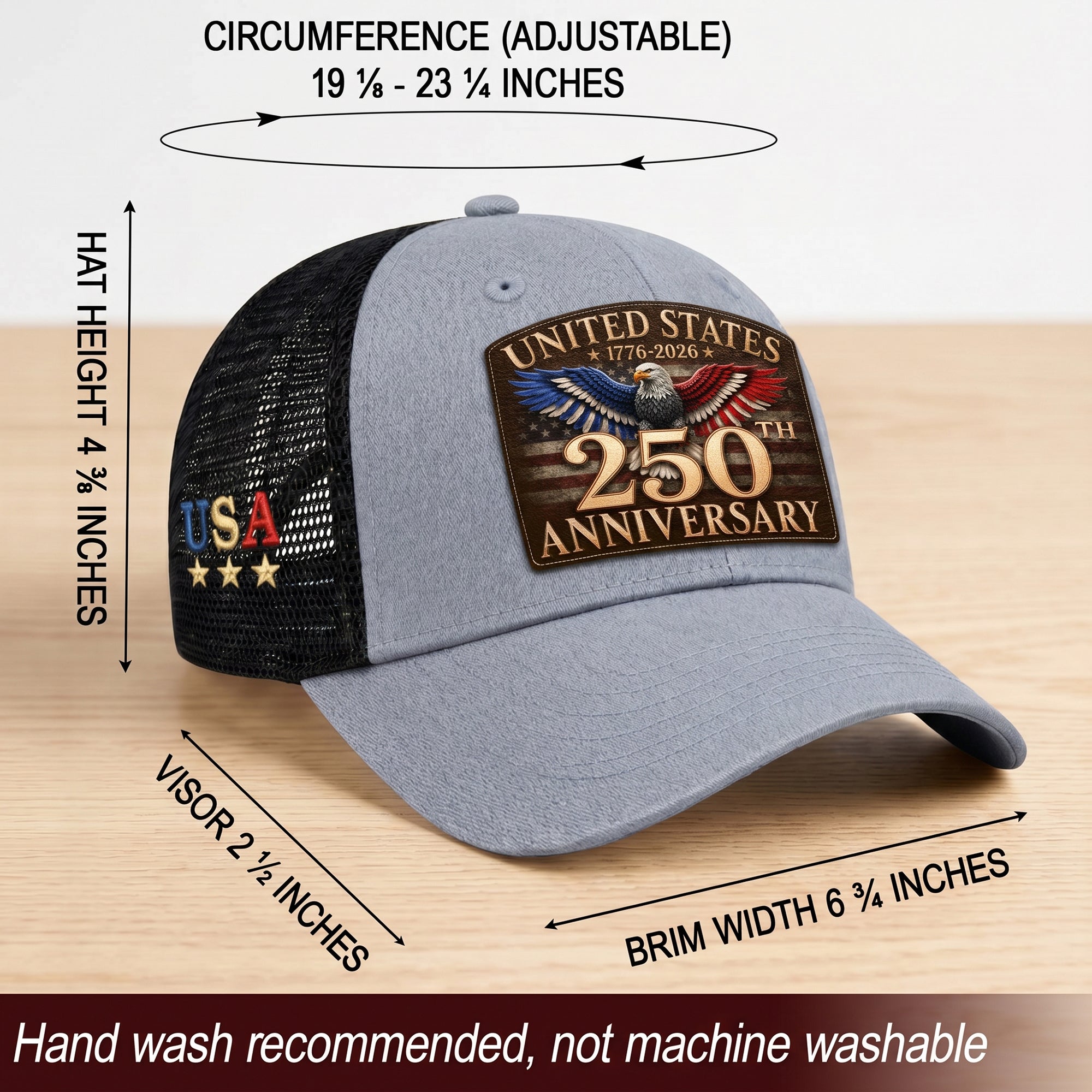 United States 250th Anniversary Trucker Hat Leather Patch Gray Black Commemorative
