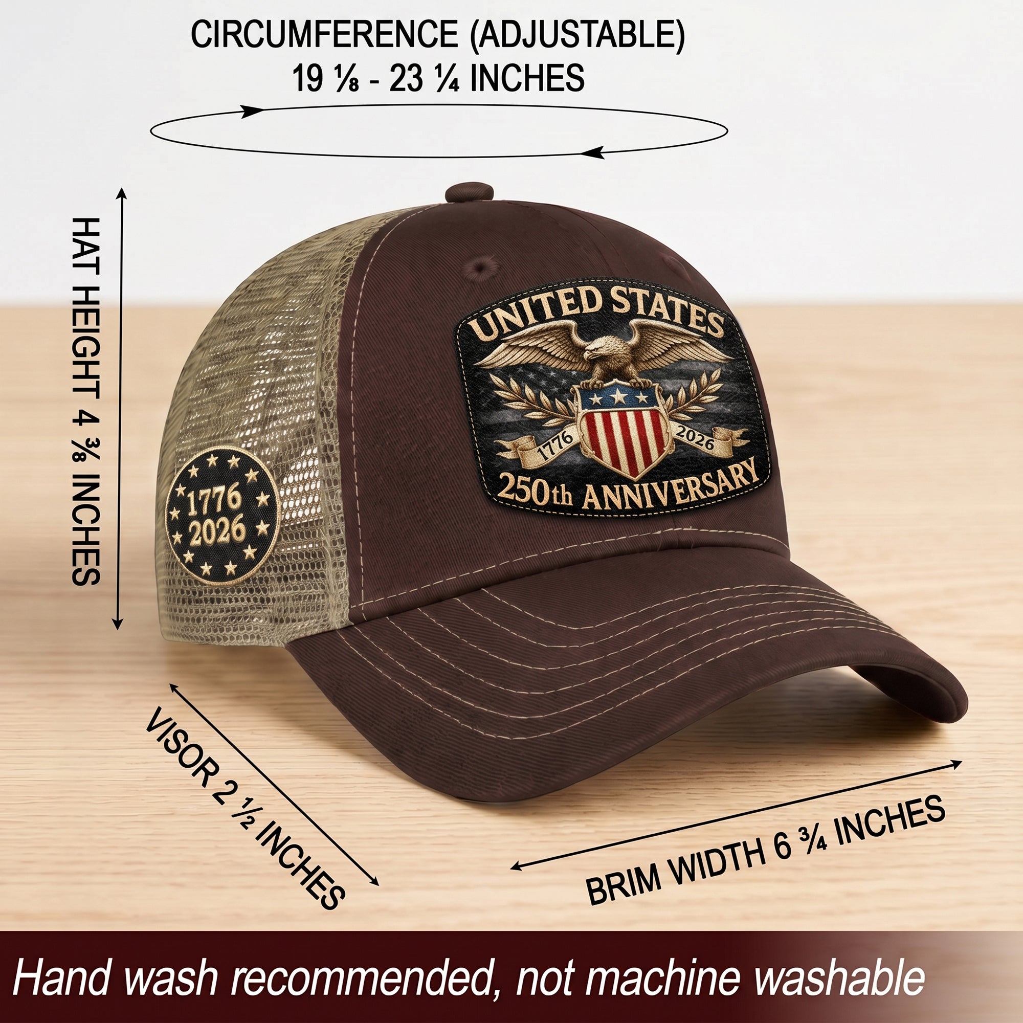 1776 to 2026 Anniversary Brown Tan Mesh Back Hat Leather Patch Trucker Cap