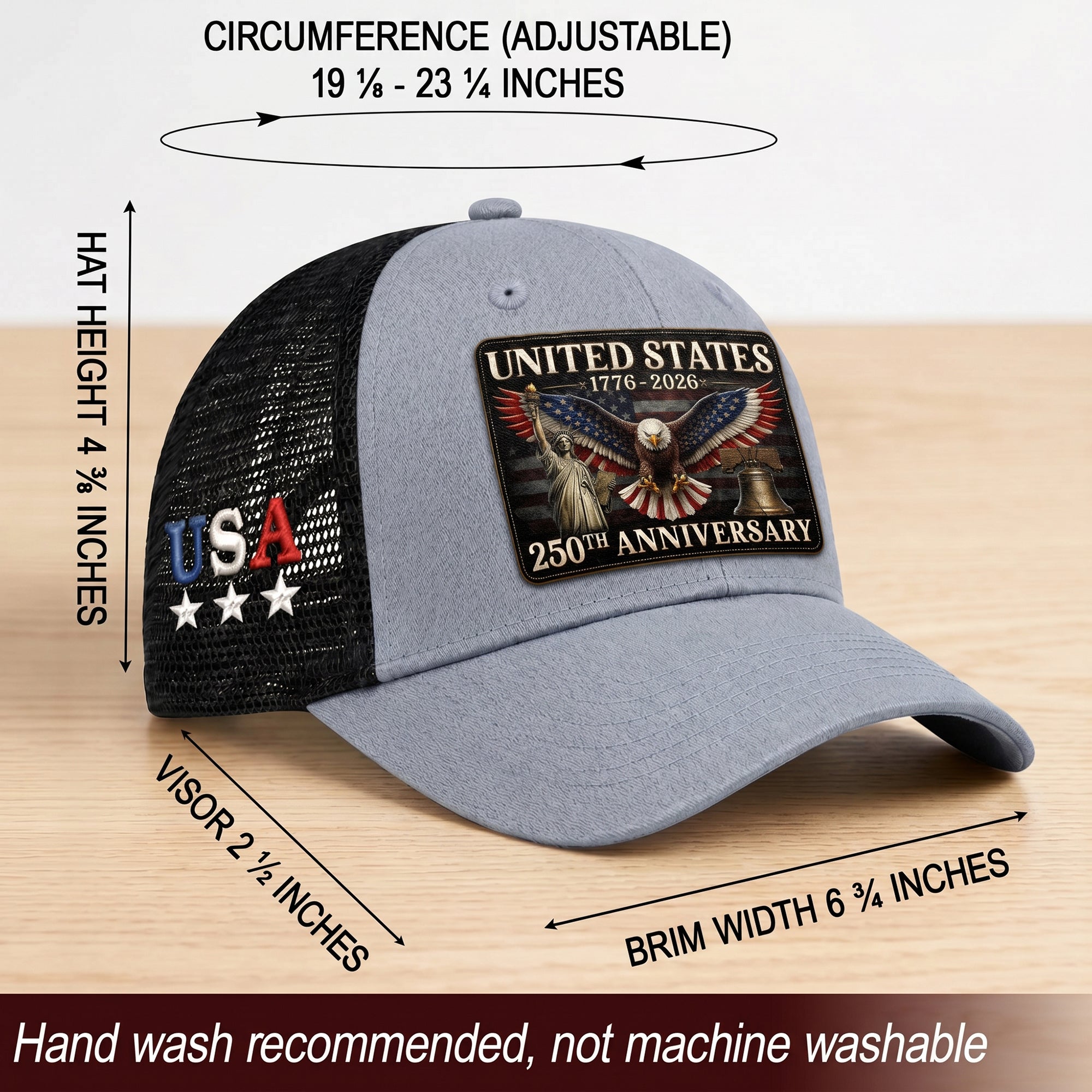 Gray Black Mesh Back Cap Leather Patch 1776 to 2026 Structured Anniversary Hat