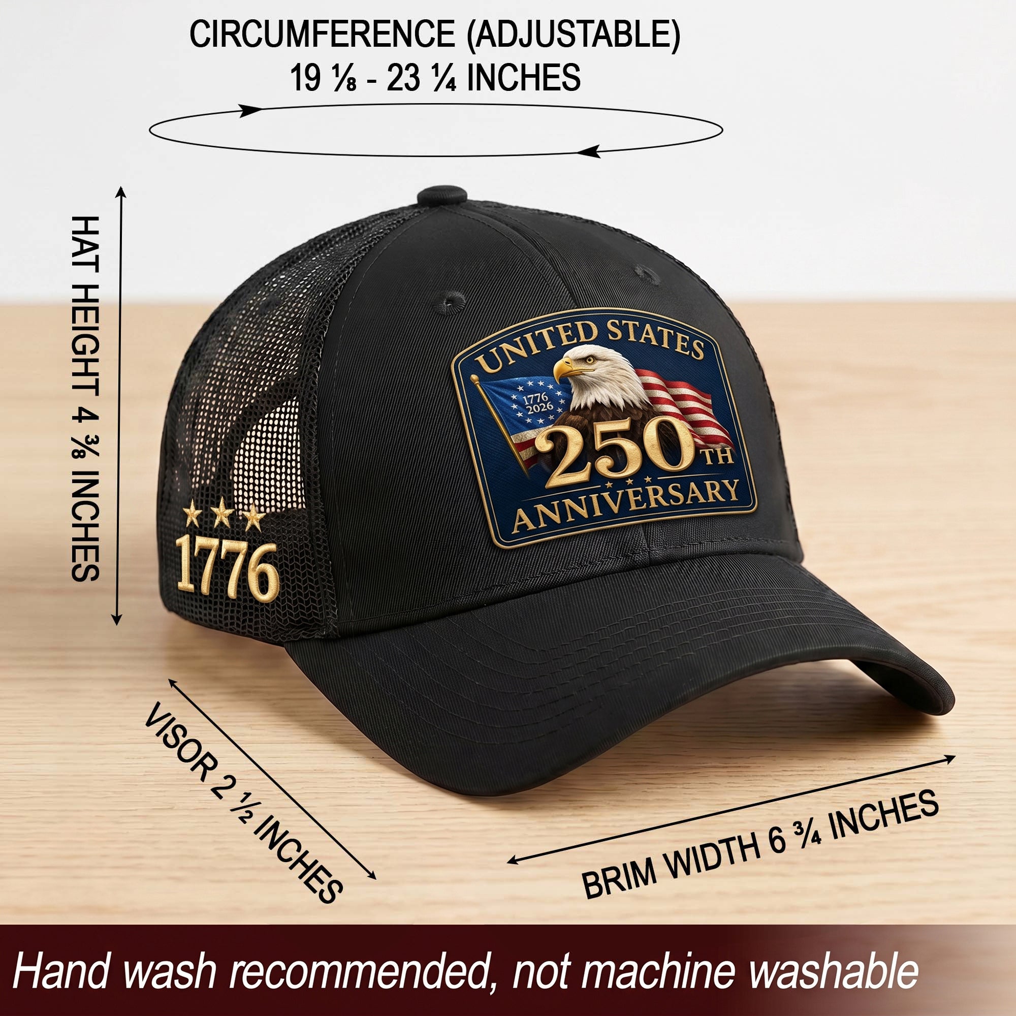 Structured Black Mesh Cap Leather Patch 1776 to 2026 Anniversary Headwear
