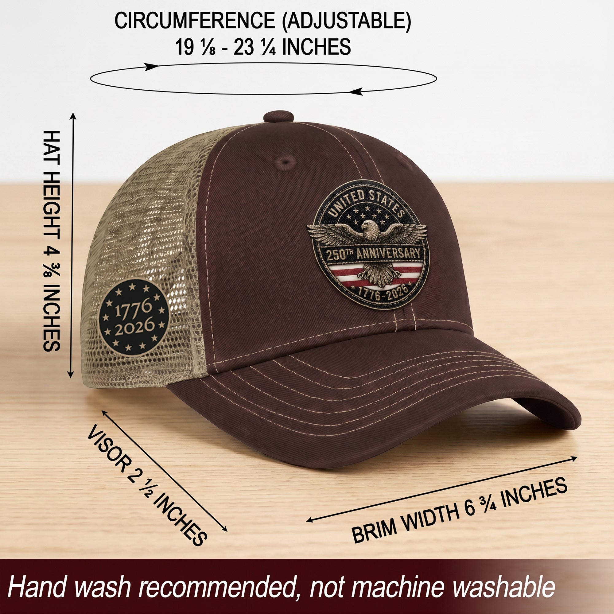 United States 250th Anniversary Leather Patch Hat Patriotic Mesh Back Cap Brown