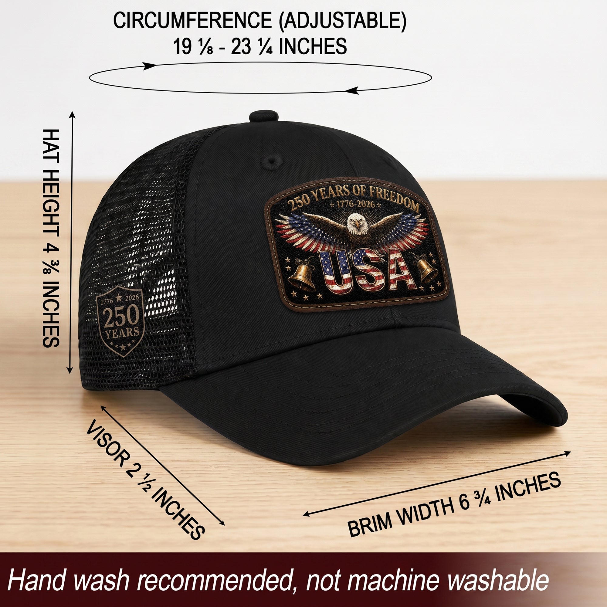 USA 250 Years Of Freedom Leather Patch Hat Patriotic Mesh Back Cap Black
