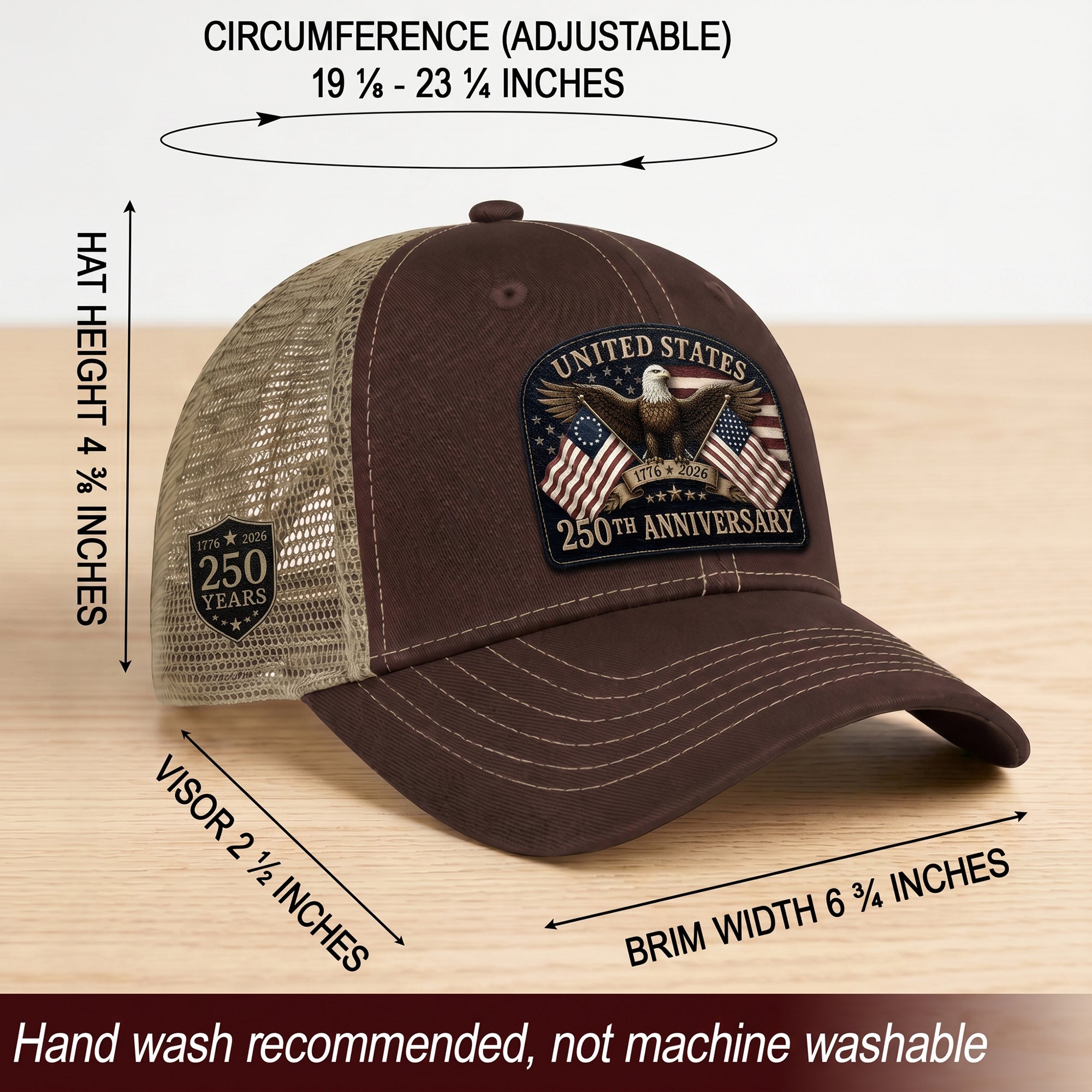 Leather Patch Hat United States 250th Anniversary Patriotic Mesh Back Summer Cap