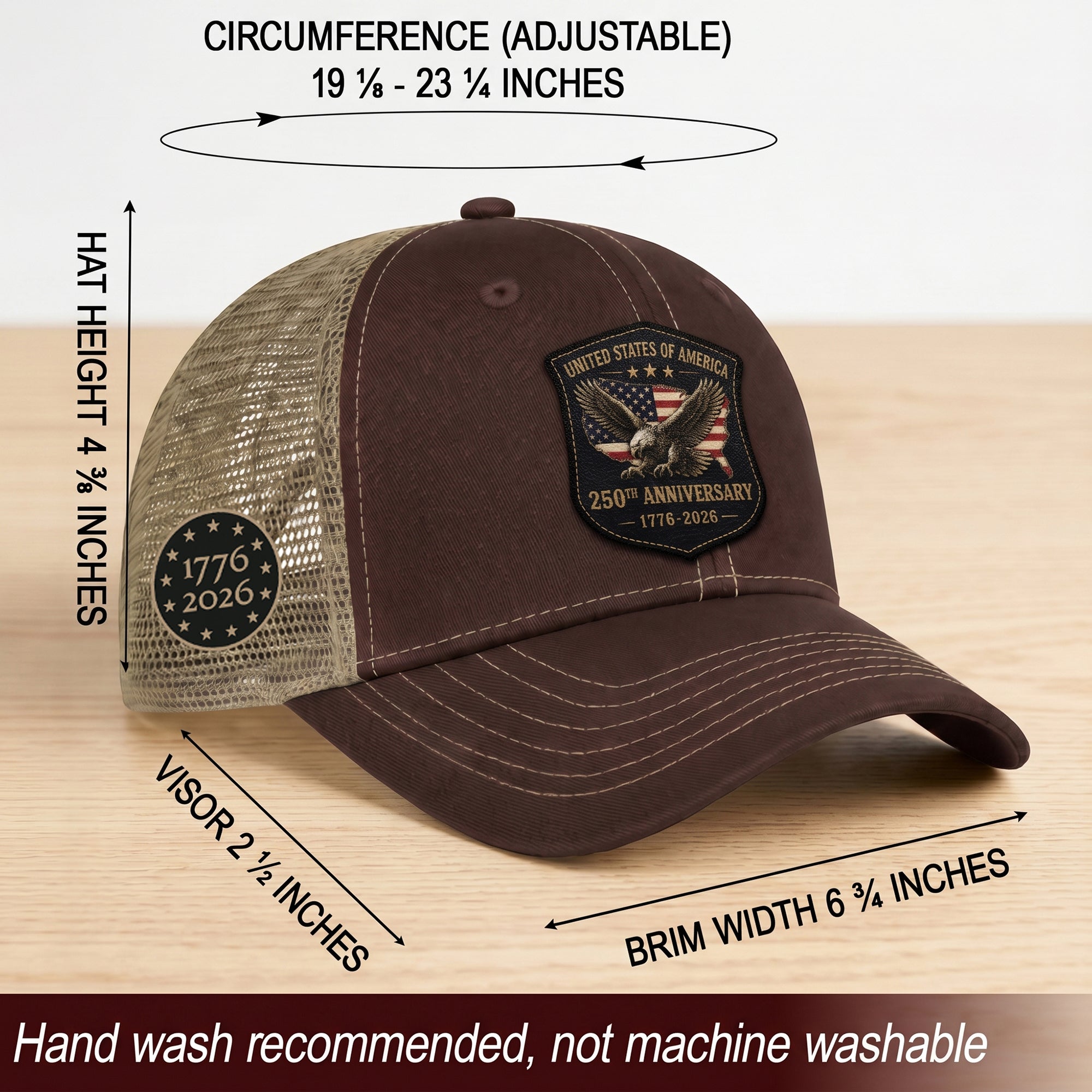 Vintage Style USA 250th Anniversary Leather Patch Hat Patriotic Mesh Back Cap