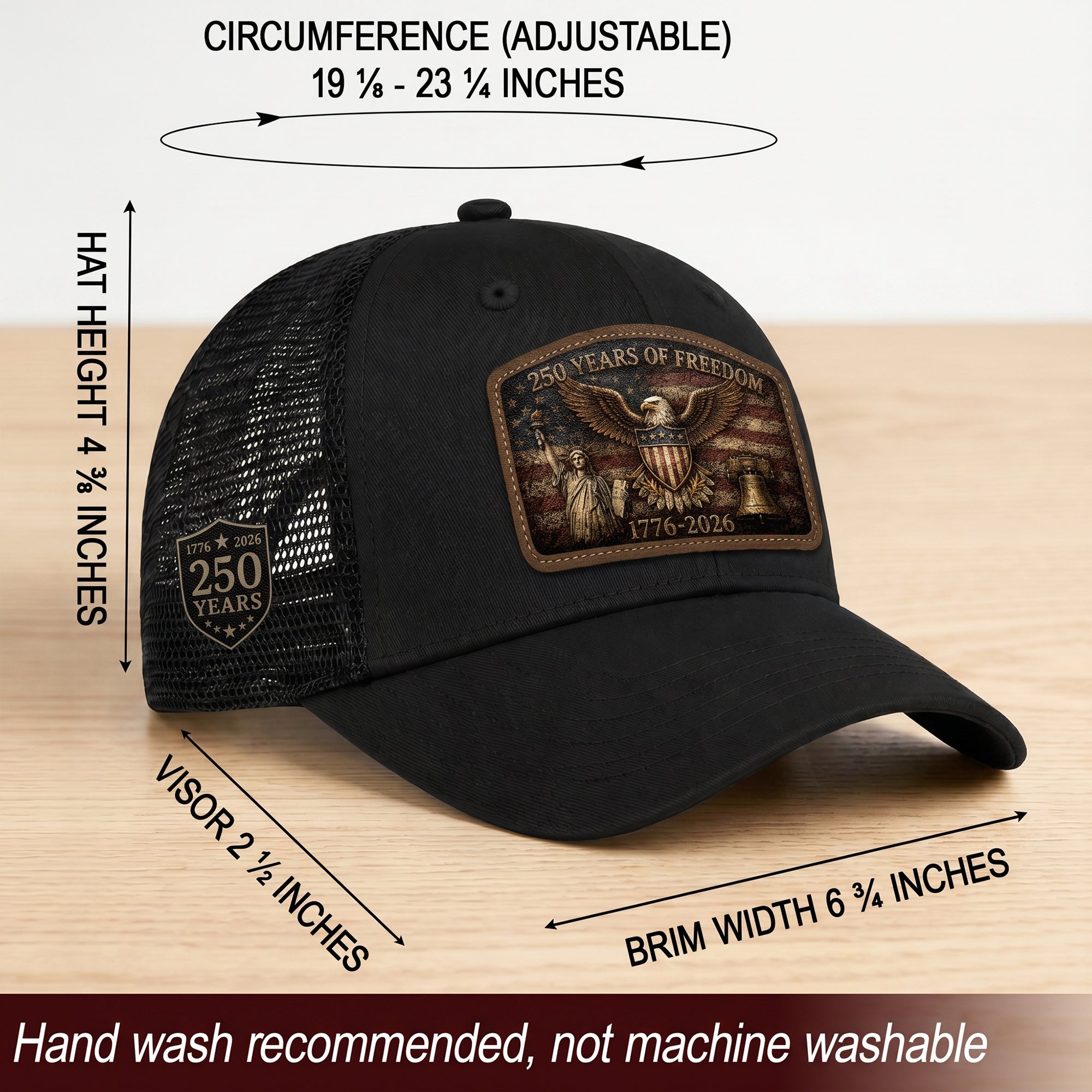 Black Patriotic Leather Patch Hat 250 Years Of Freedom USA Mesh Back Trucker Cap