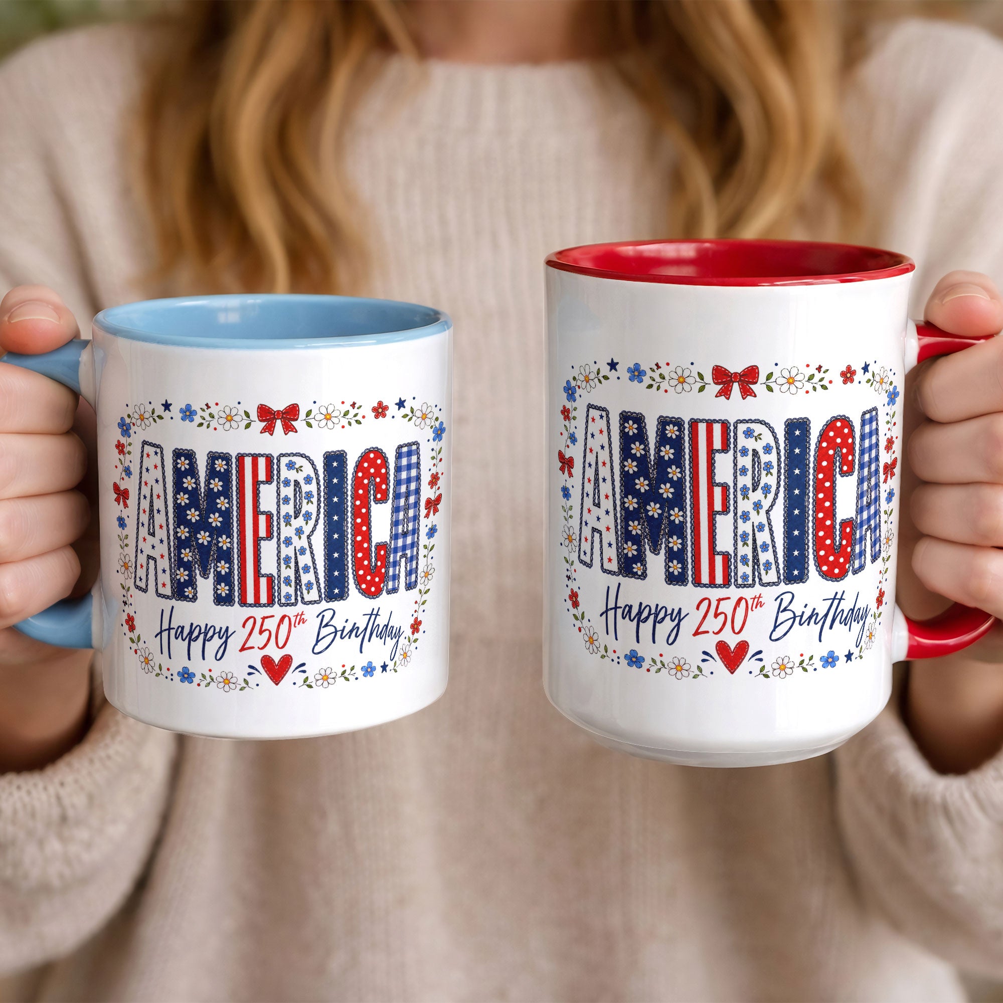 Cute America Floral Mug - Happy 250th Birthday Patriotic US Coquette Bow Ceramic Cup