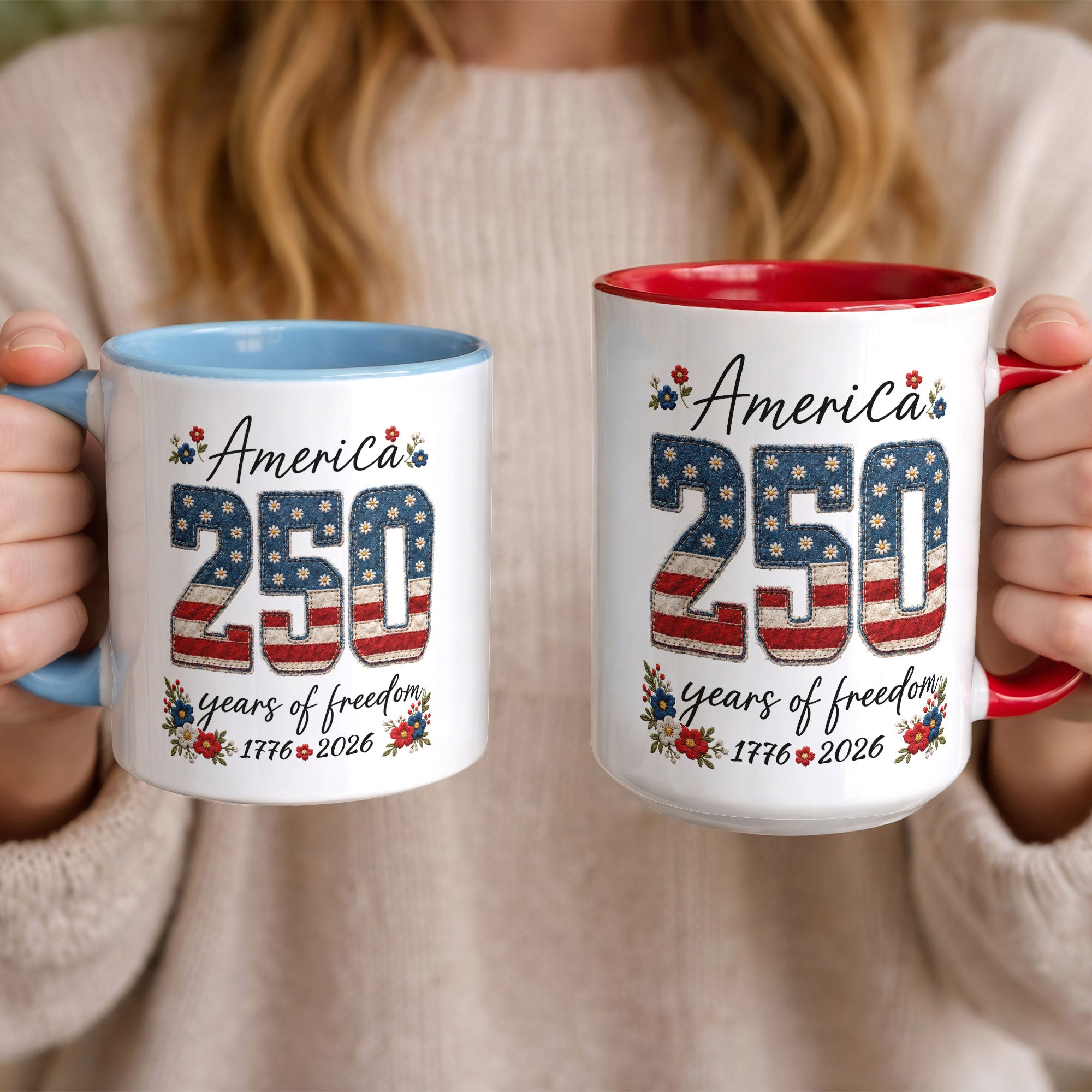 Cute America 250 Years Mug - Patriotic Floral US Anniversary Rim Ceramic Cup
