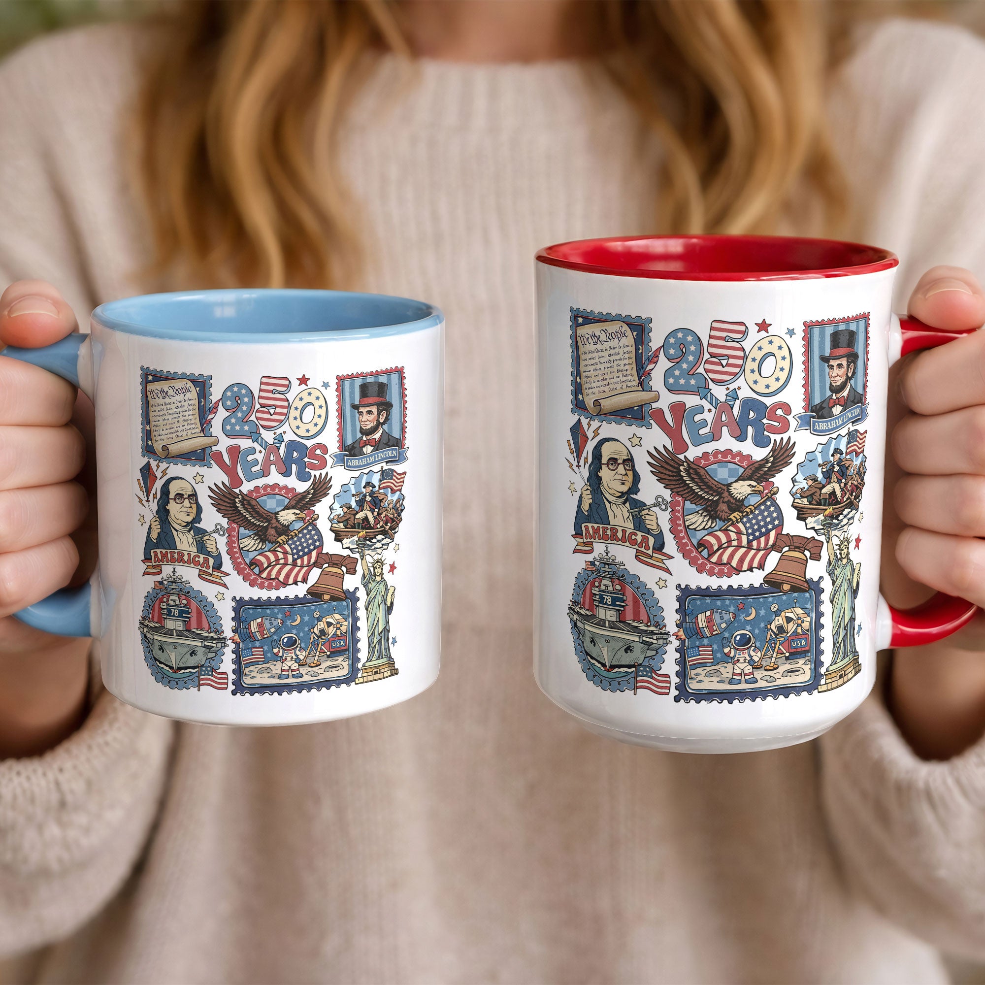 250 Years US History Stamp Accent Mug - Vintage Patriotic American Heritage Cup