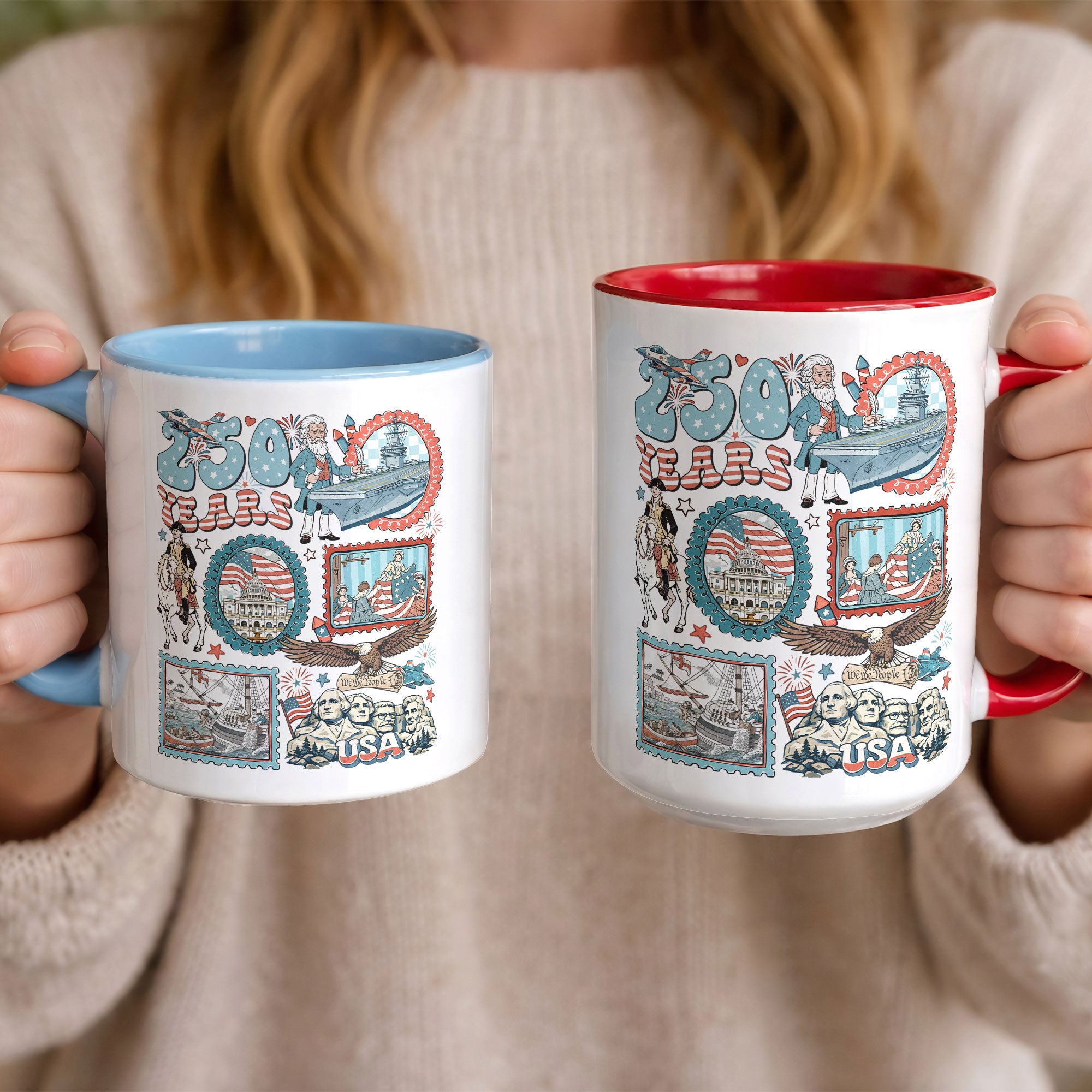 250 Years Patriotic Doodle Accent Mug - Vintage American History Icons Gift Cup