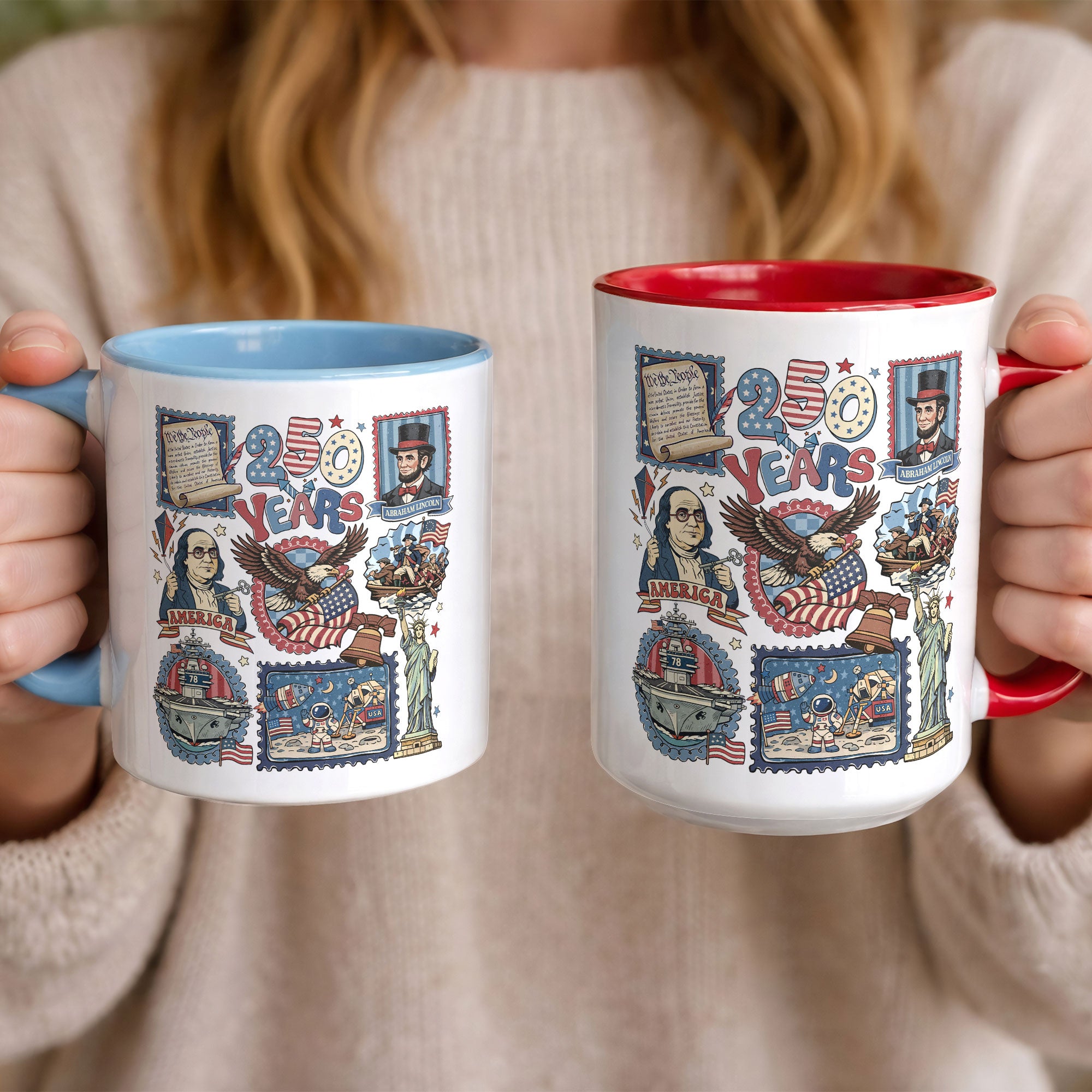 250 Years Patriotic Liberty Accent Mug - Historical Doodle Stamps American Eagle Gift Cup