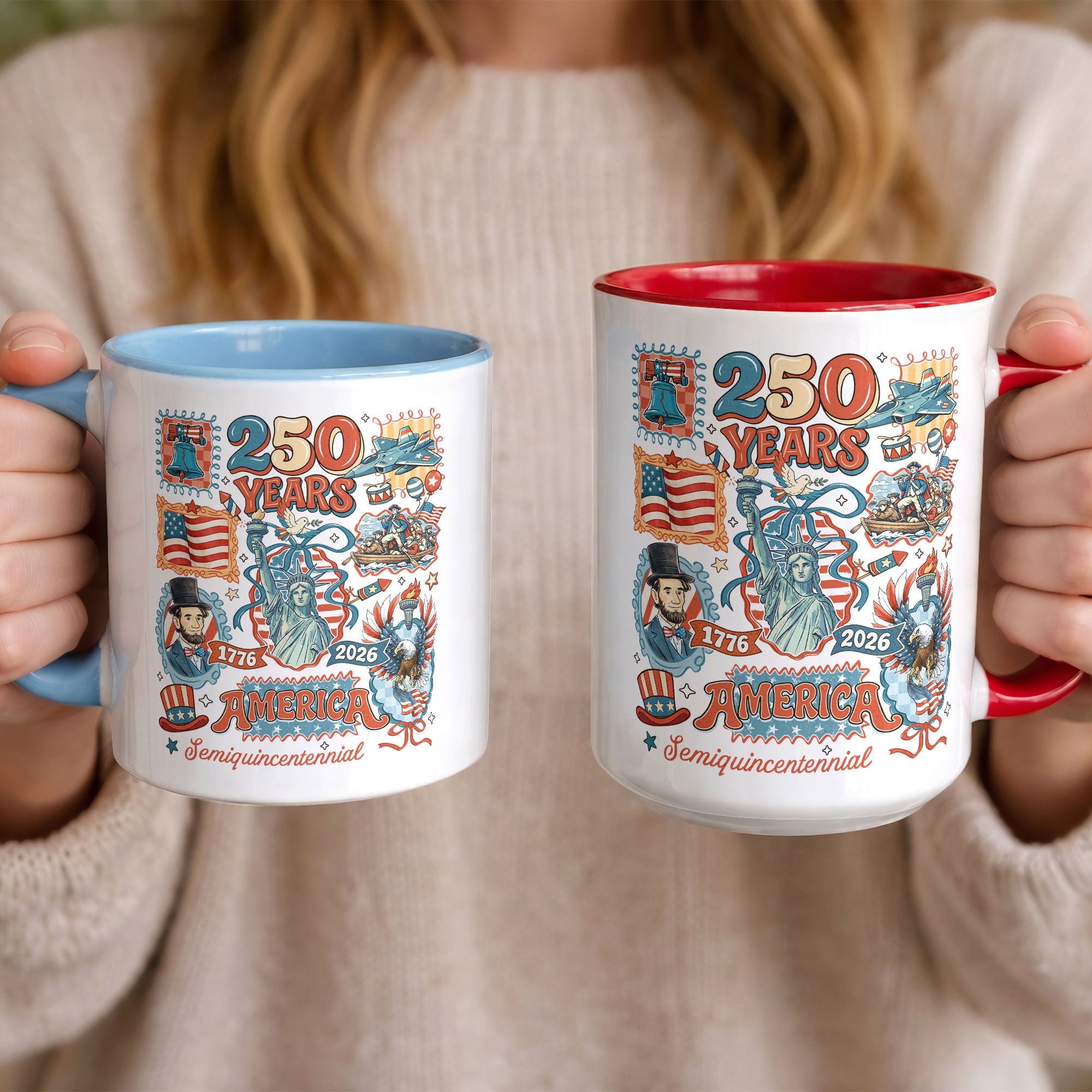 250 Years American Legacy Accent Mug - Vintage Doodle Stamps Historical Patriotic Gift Cup