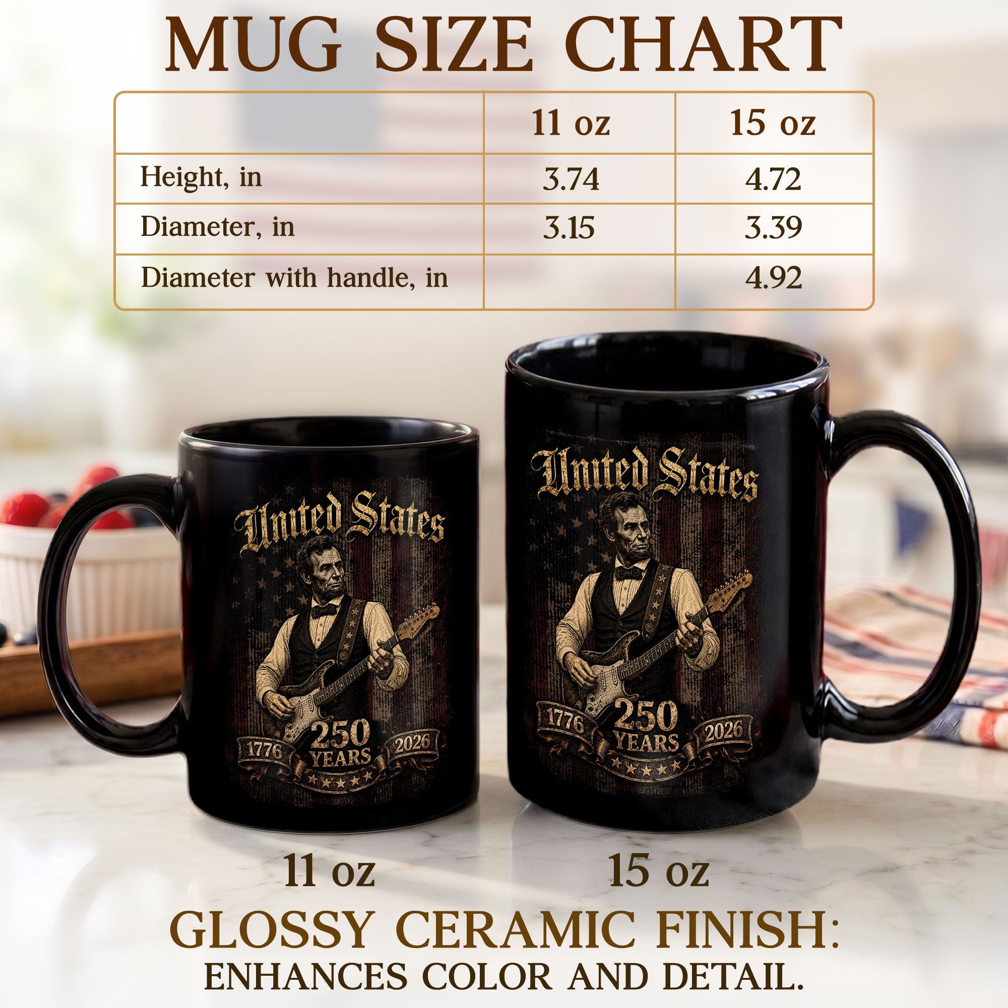 Abraham Lincoln Guitar Mug - Vintage 250 Years 1776-2026 Patriotic US Rock Music Gift - Rust Field Wear