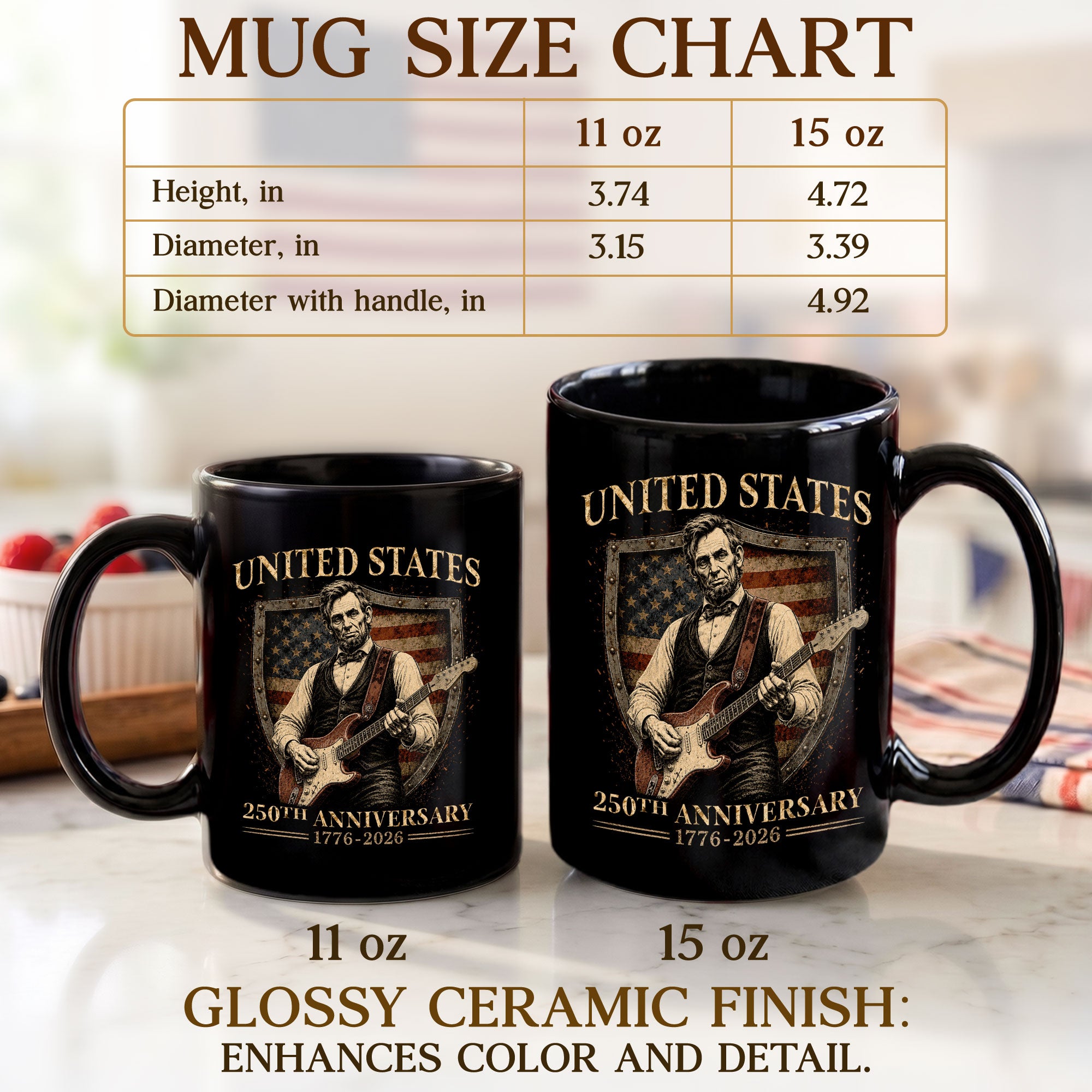 United States 250th Anniversary Mug Abraham Lincoln Guitar Shield 1776 2026 - Rust Field Wear