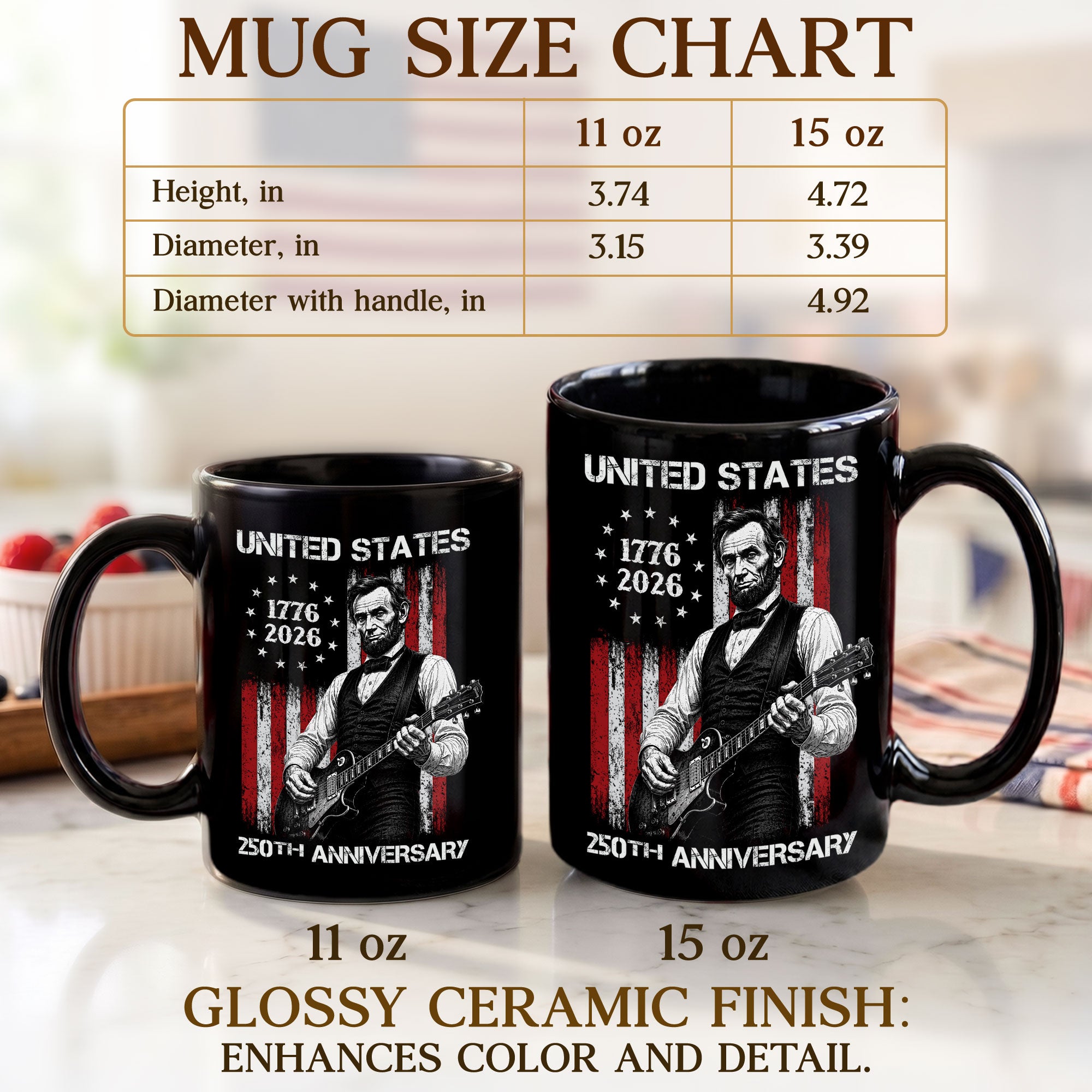 United States 250th Anniversary Mug Abraham Lincoln Guitar US Flag 1776 2026 - Rust Field Wear