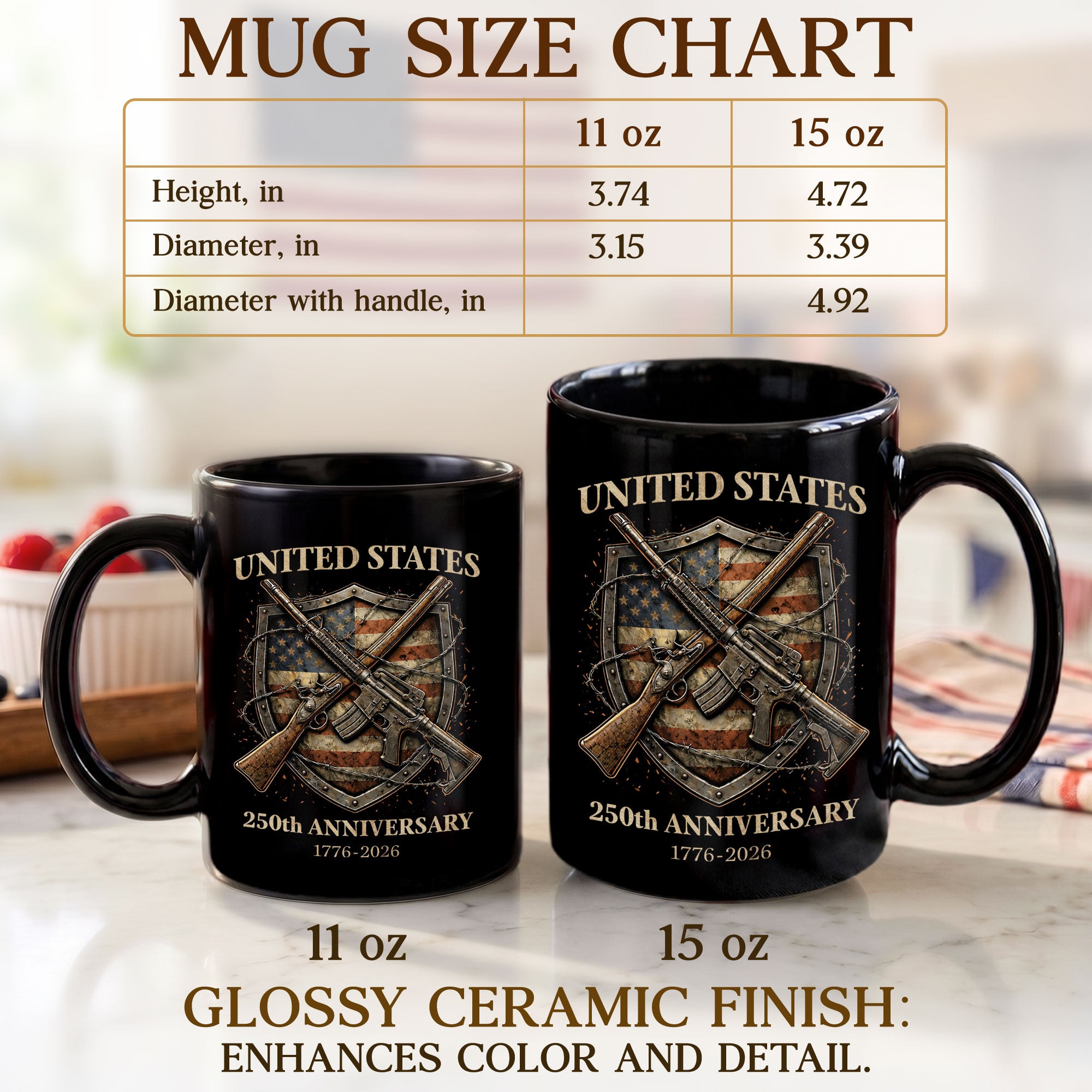 1776 2026 Mug 250th Anniversary United States Patriotic Rifle Shield Ceramic upsale