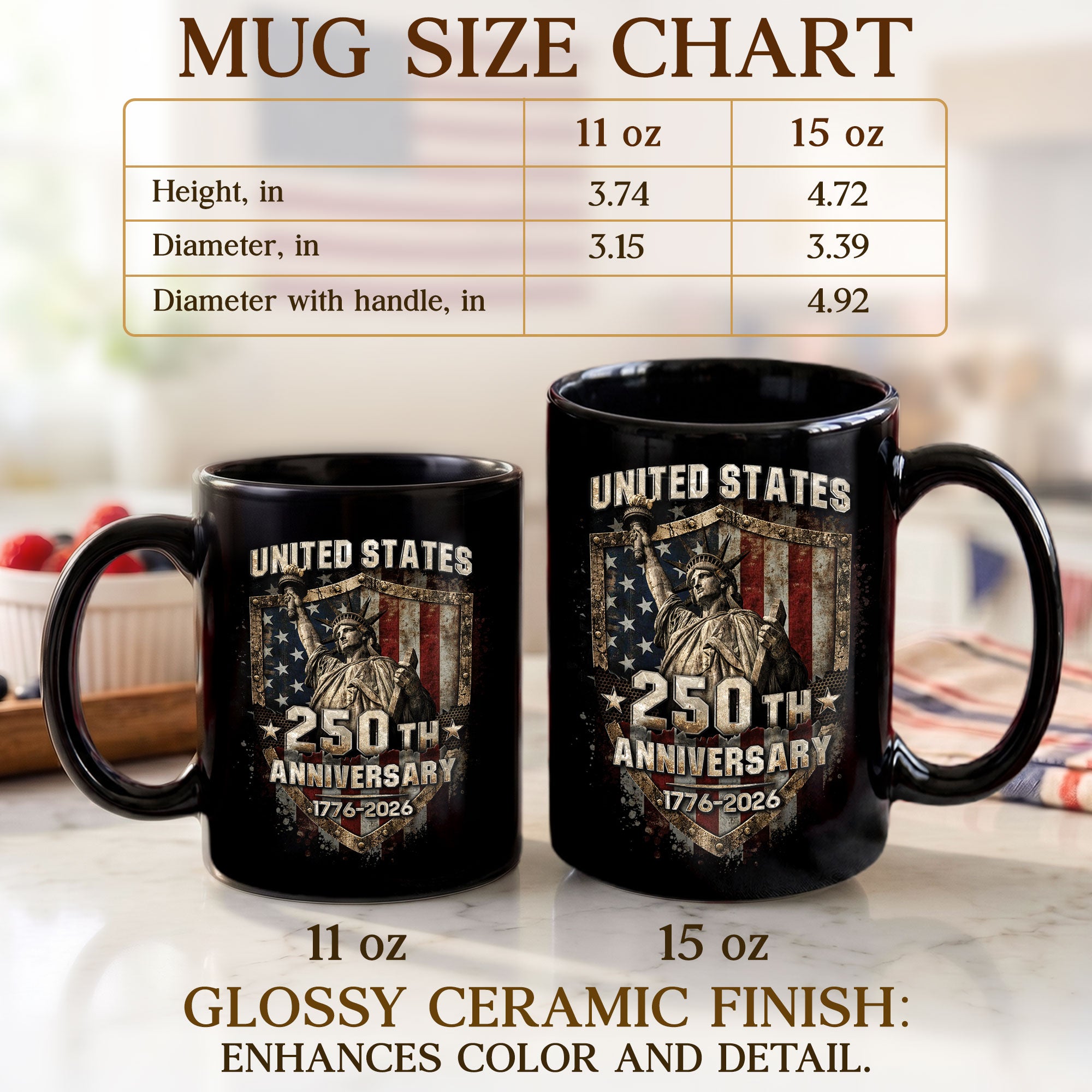 United States 250th Anniversary Mug - 1776-2026 Patriotic Statue of Liberty Drinkware