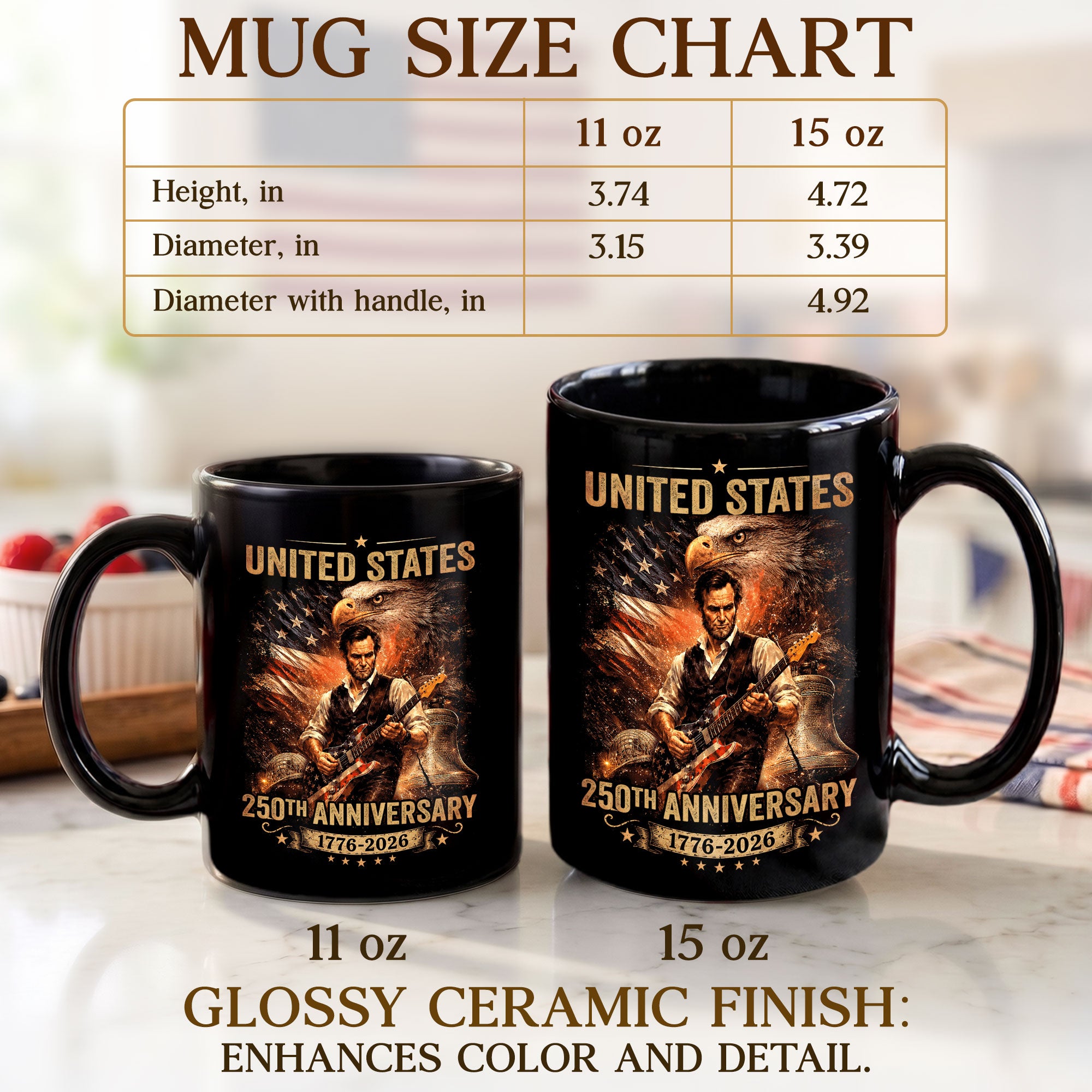 Patriotic Lincoln Guitar Ceramic Mug - Eagle Flag 1776-2026 Anniversary Beverage Cup