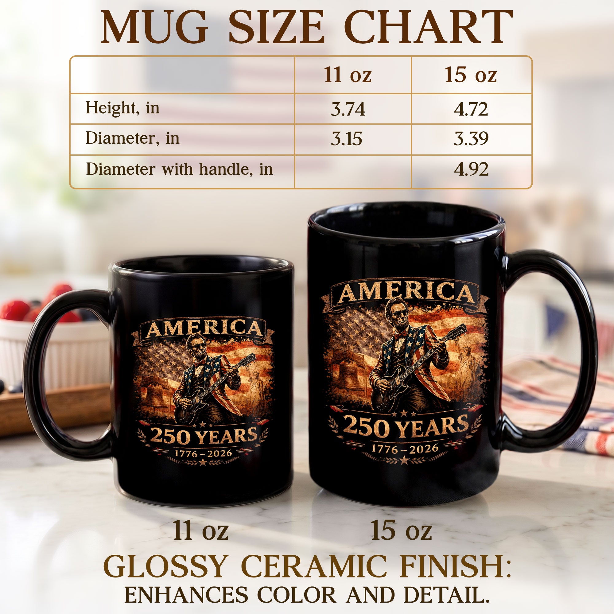 Lincoln Guitar Ceramic Mug - Patriotic Statue Liberty Flag Vintage Beverage Cup