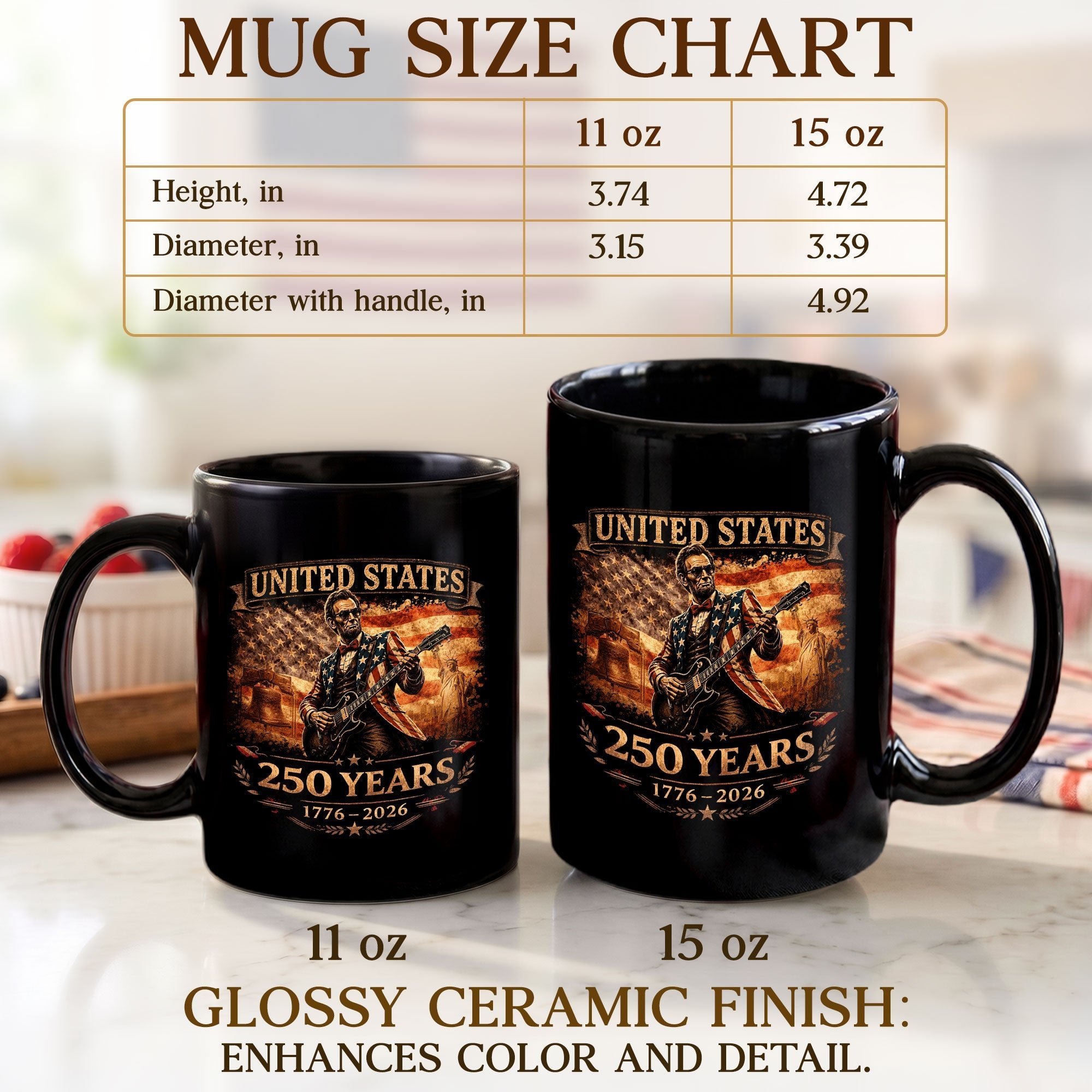 Lincoln Guitar Ceramic Mug - Patriotic Statue Liberty Flag Vintage Beverage Cup - Rust Field Wear