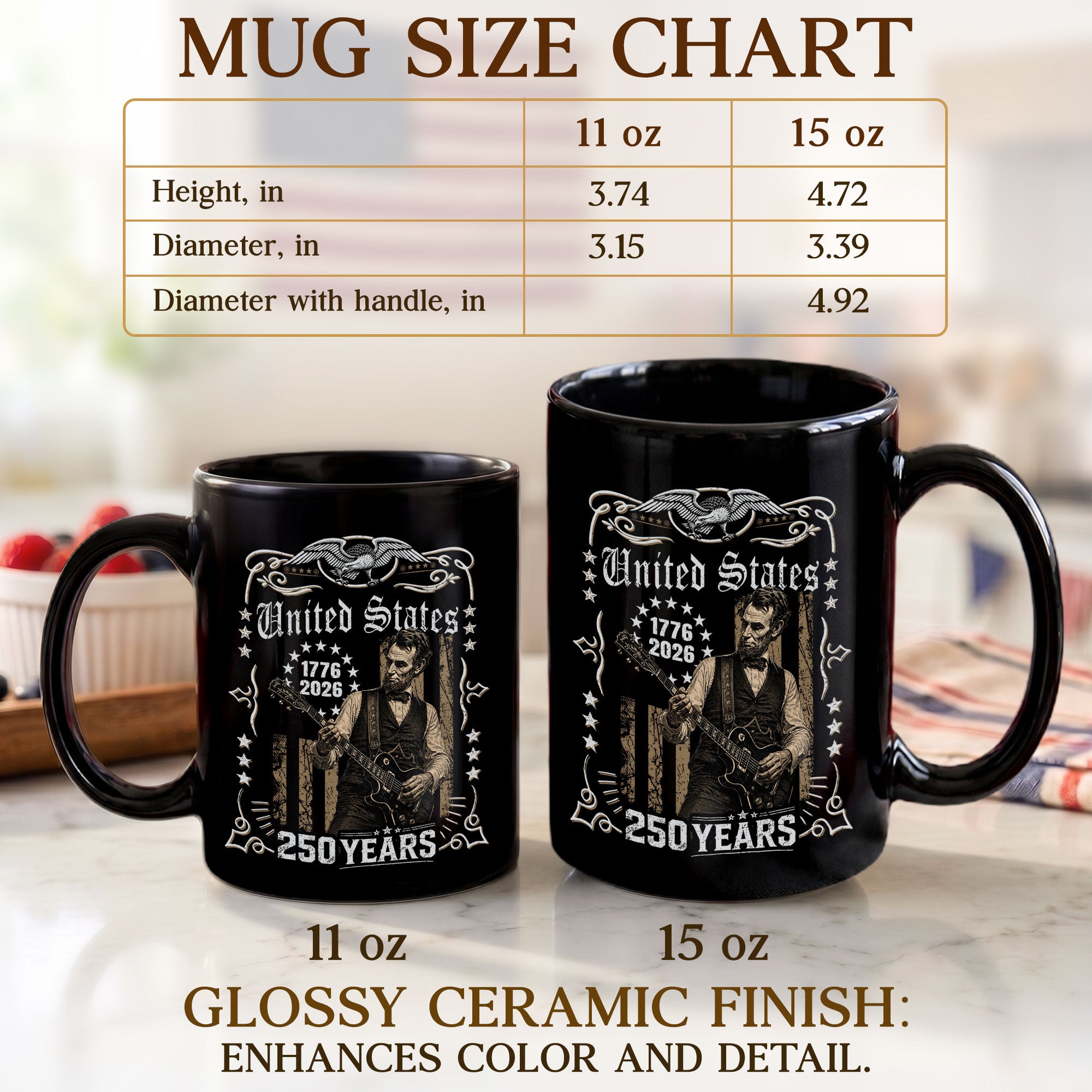 Historic Lincoln Guitar Ceramic Mug - Patriotic Eagle Flag Anniversary Beverage Cup - Rust Field Wear