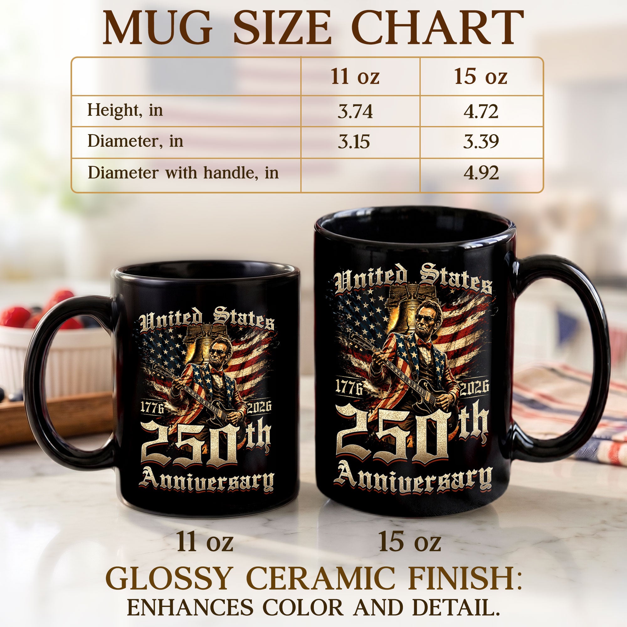 250th Anniversary Mug 1776-2026 Patriotic US Flag Abraham Lincoln Rock Guitar Gift