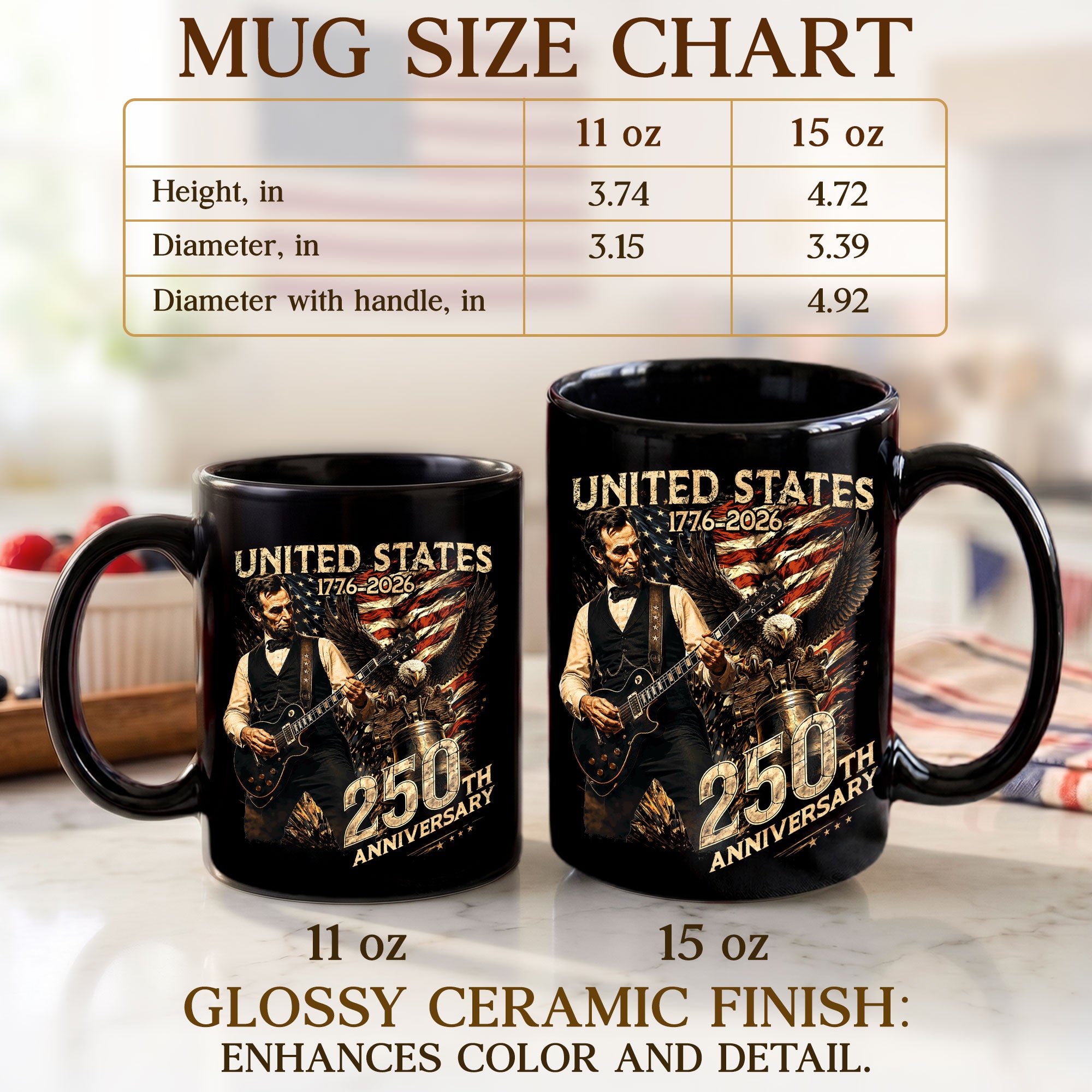 US 250th Anniversary Mug 1776-2026 Vintage United States Lincoln Guitar Bald Eagle Bell
