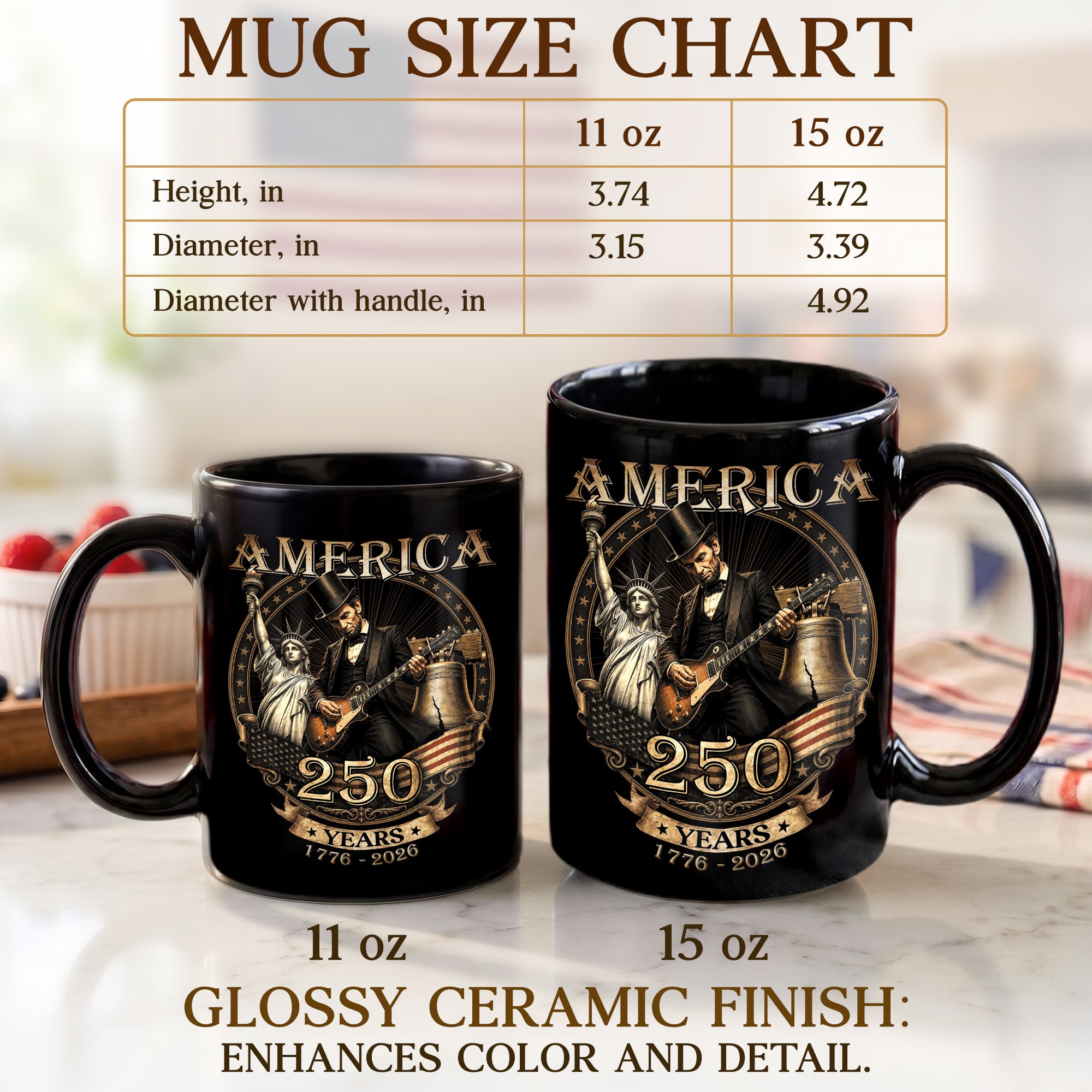 Patriotic Mug 250 Years 1776-2026 United States Statue Of Liberty Lincoln Rock Guitar