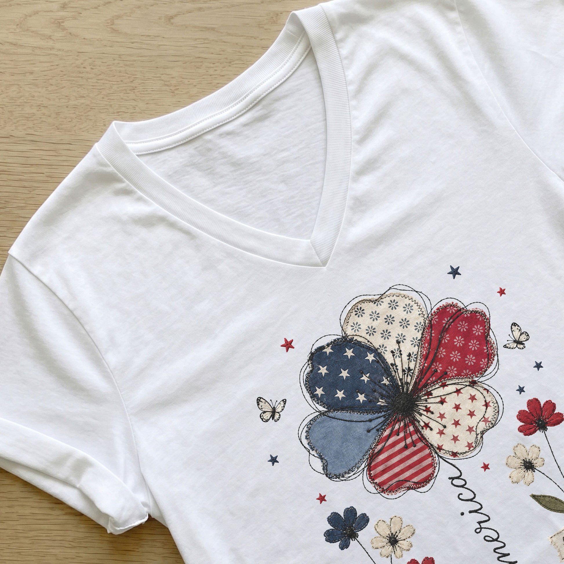 Patriotic V-Neck T-Shirt – Vintage Floral 1776-2026 Anniversary Graphic Tee for Women - Rust Field Wear