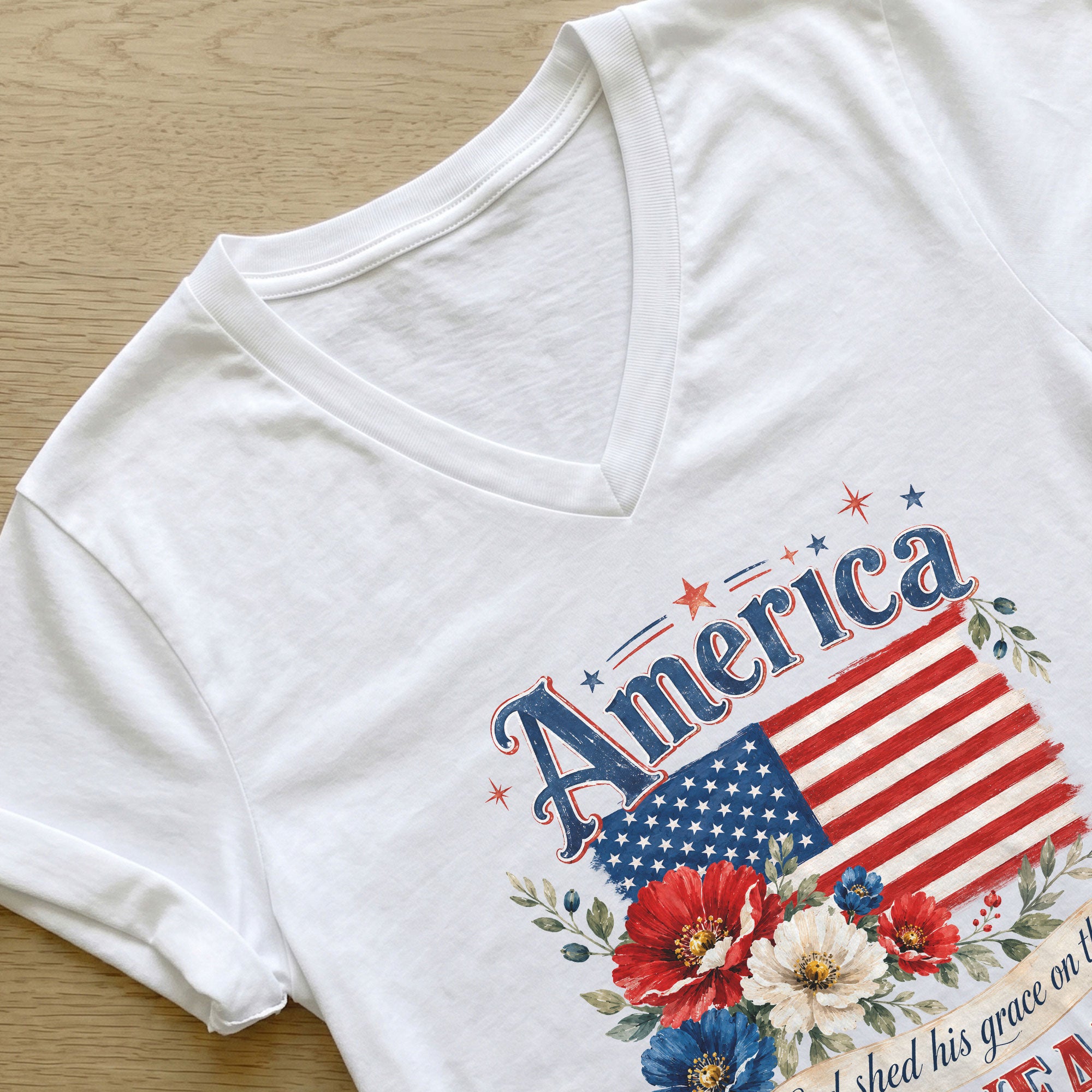 250 Years Since 1776 V-Neck T-Shirt – God Shed His Grace on Thee Patriotic Graphic - Rust Field Wear