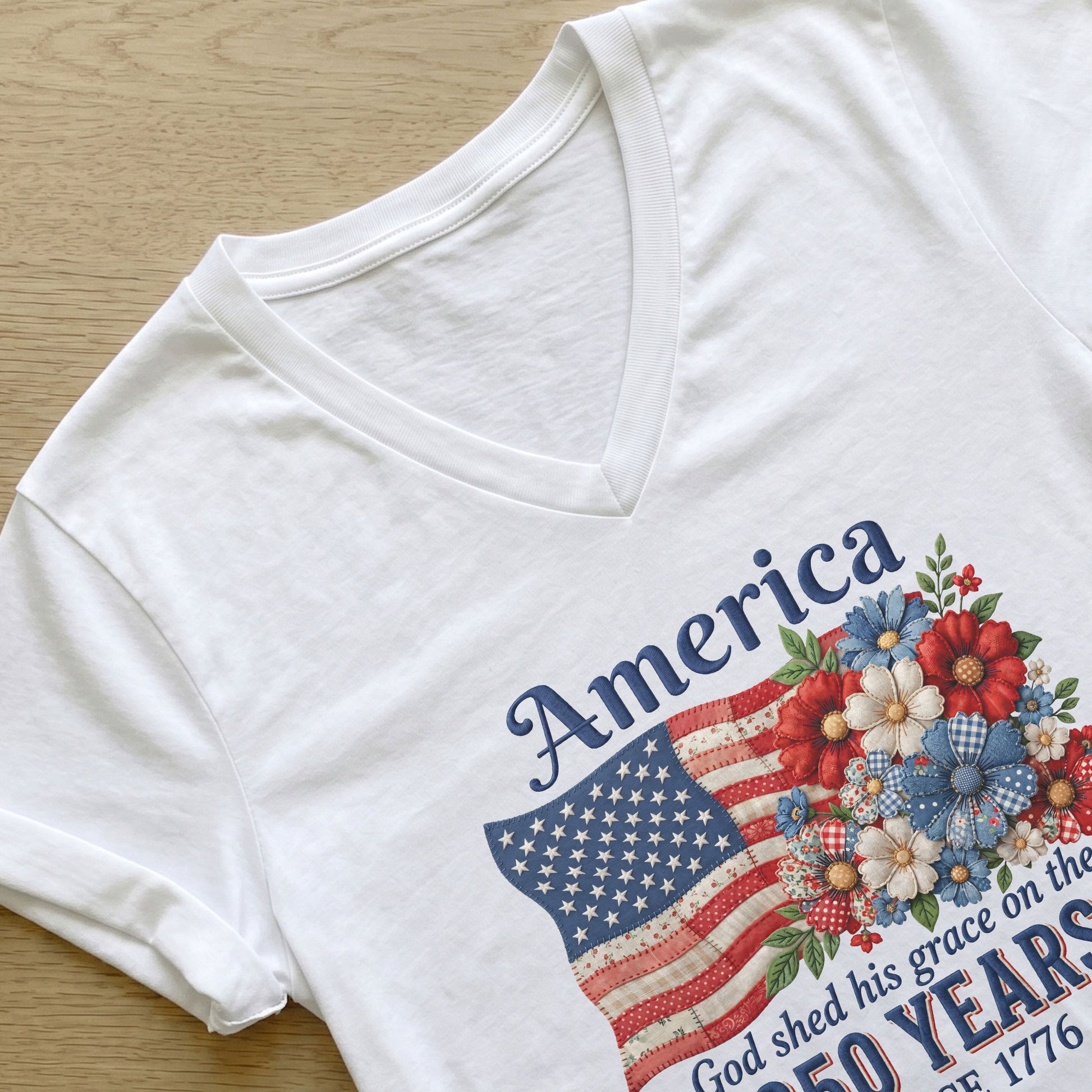 Patriotic Floral V-Neck T-Shirt – 250 Years Since 1776 God Shed His Grace on Thee - Rust Field Wear