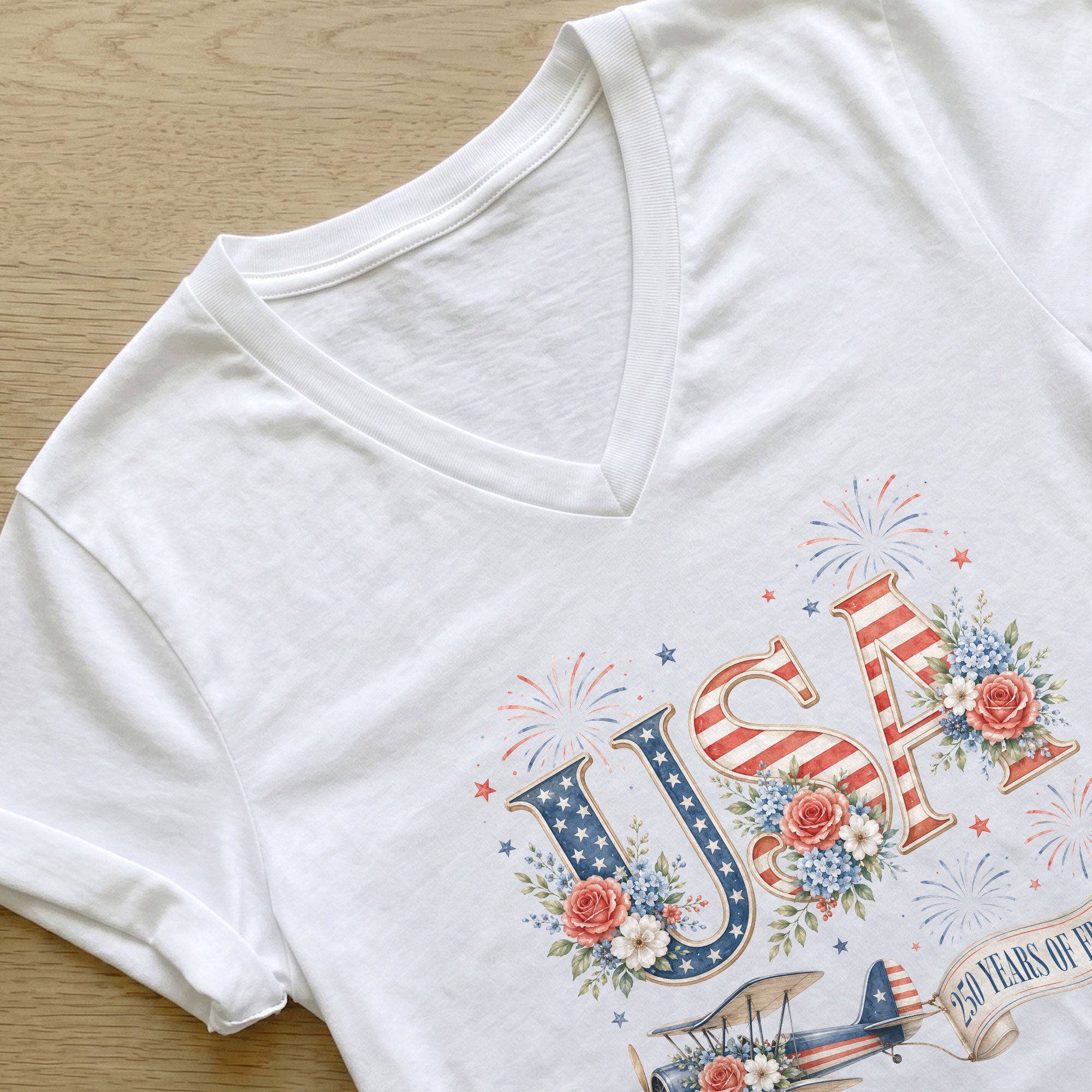 Floral USA 250 Years of Freedom V-Neck Tee – Patriotic Women's Anniversary Graphic - Rust Field Wear