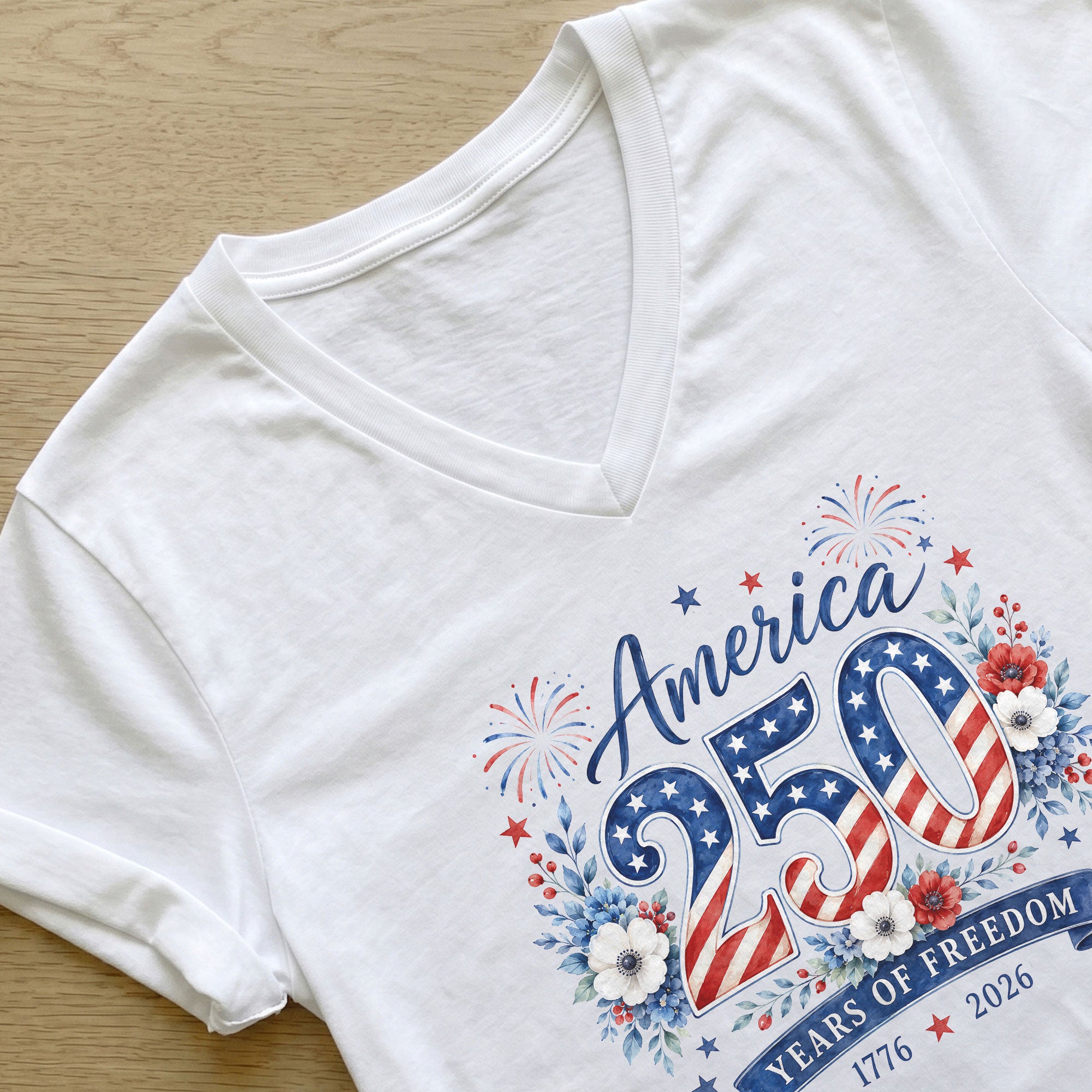 1776-2026 Floral V-Neck T-Shirt – Patriotic Years of Freedom Anniversary Tee - Rust Field Wear