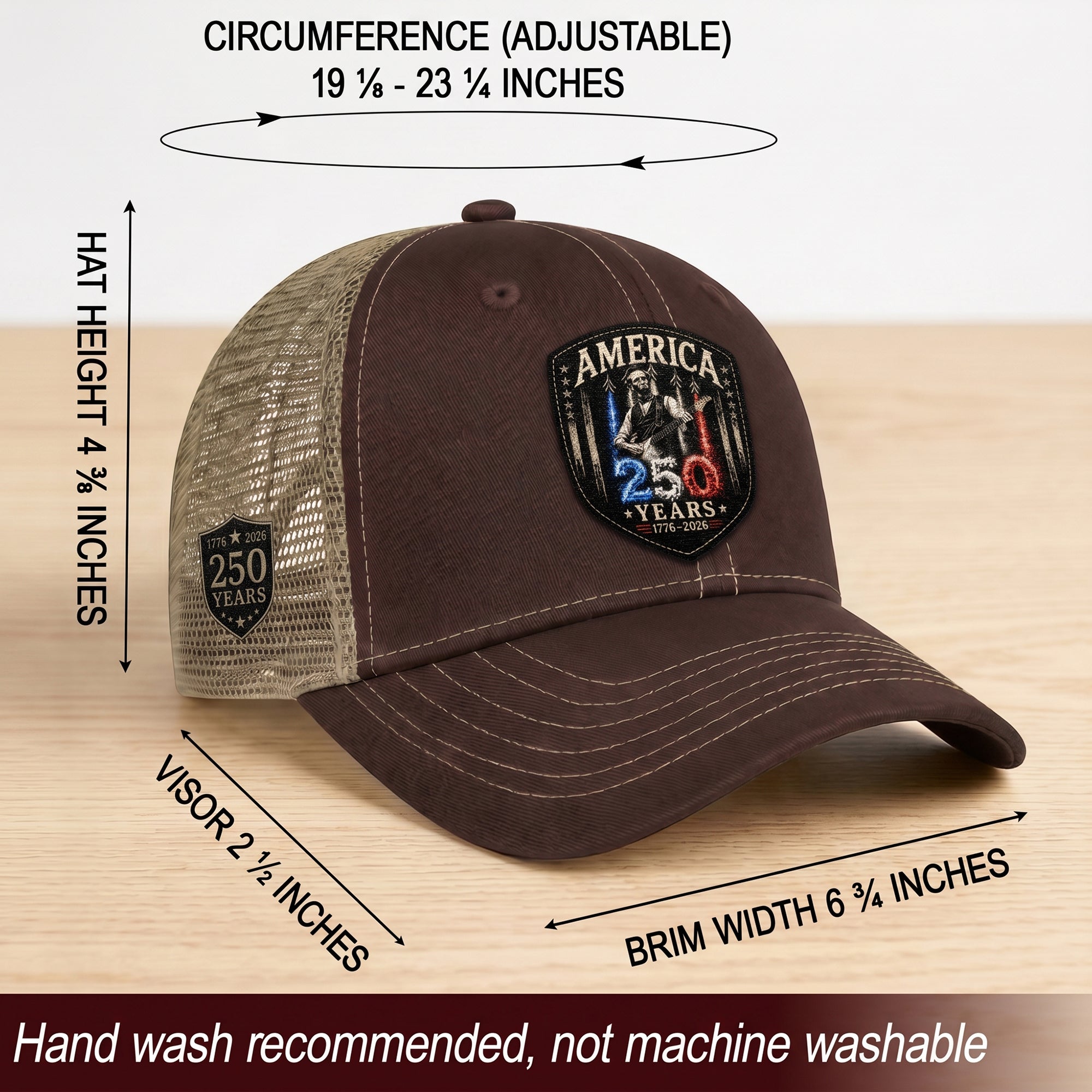 Leather Patch Hat Abraham Lincoln Guitar 1776-2026 Anniversary Cap Patriotic Brown Mesh
