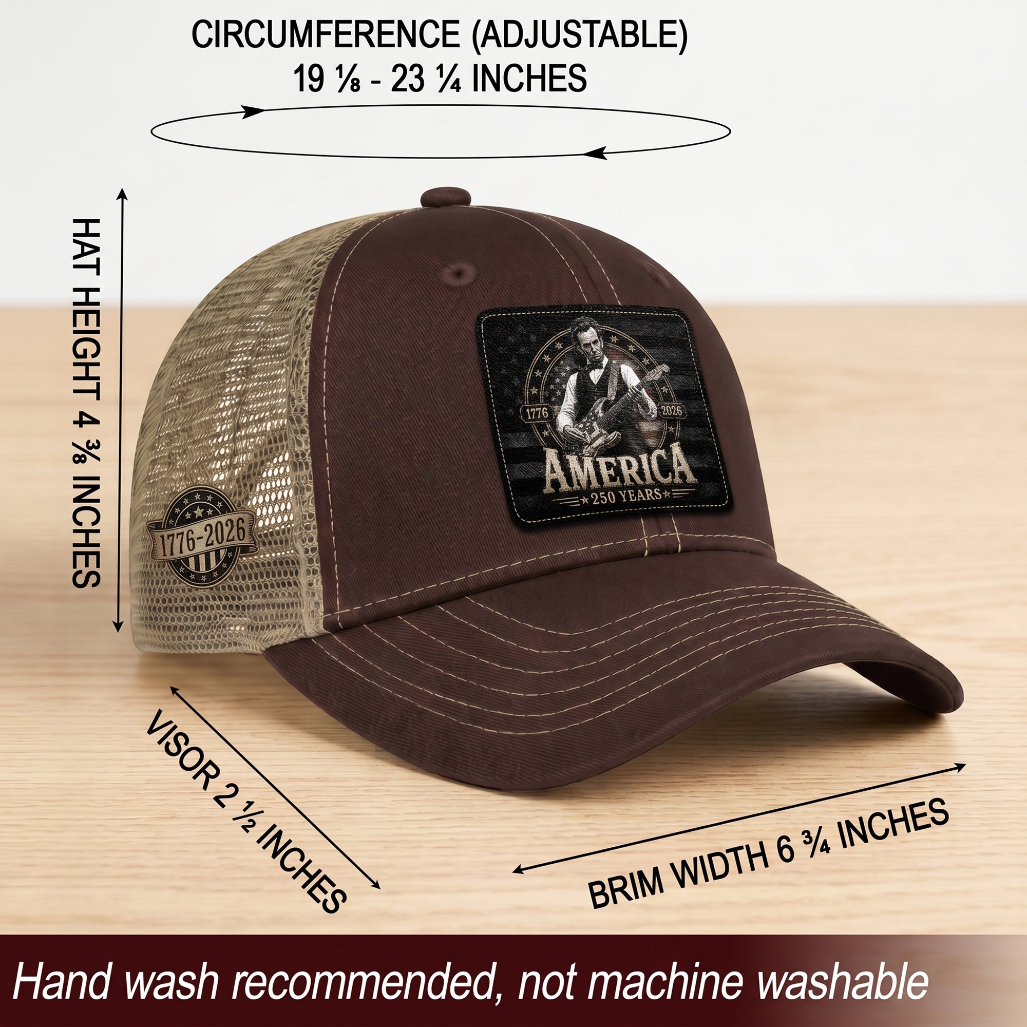 Brown Mesh Cap Abraham Lincoln Guitar 1776-2026 Anniversary Leather Patch Patriotic Hat
