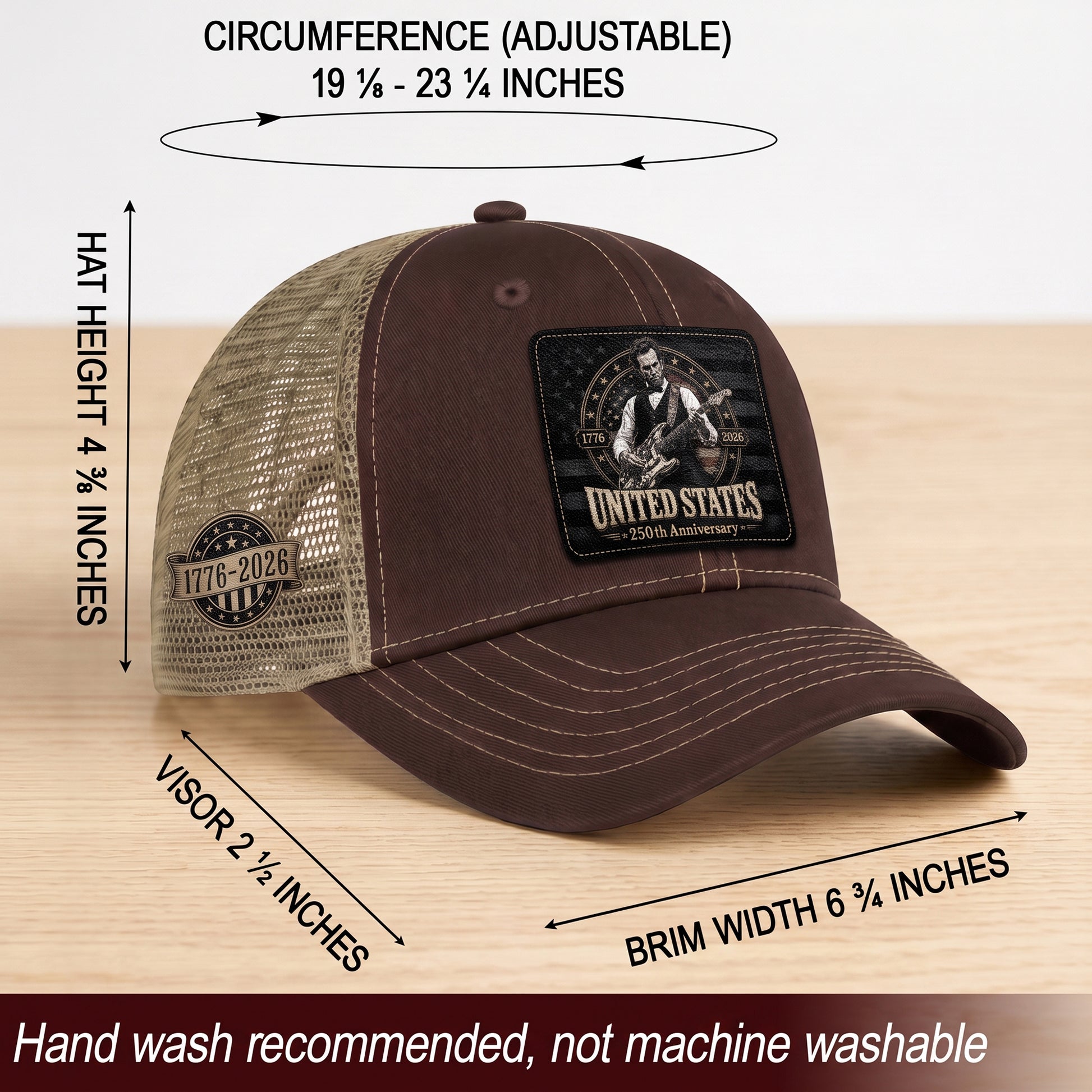 Brown Mesh Cap Abraham Lincoln Guitar 1776-2026 Anniversary Leather Patch Patriotic Hat - Rust Field Wear