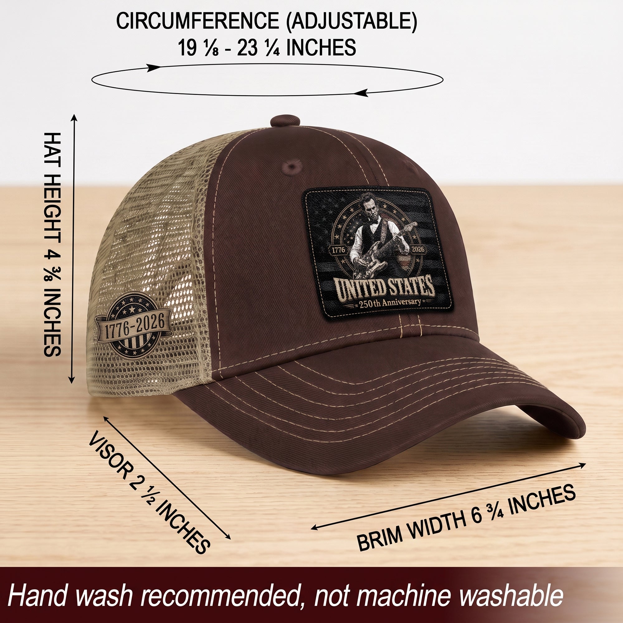 Brown Mesh Cap Abraham Lincoln Guitar 1776-2026 Anniversary Leather Patch Patriotic Hat - Rust Field Wear