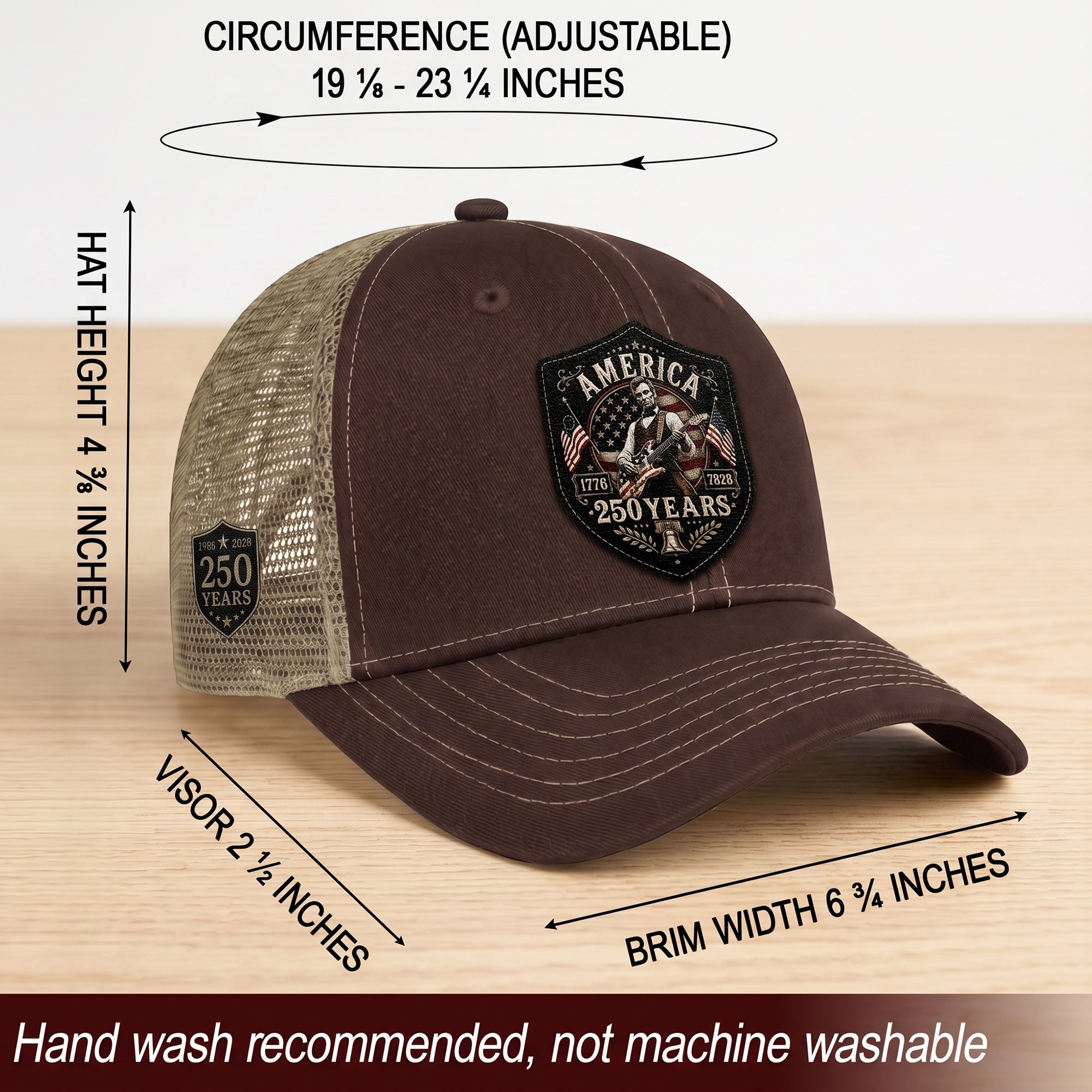 Historic Abraham Lincoln Guitar Leather Patch Cap Patriotic 1776-2026 Brown Mesh Trucker Hat