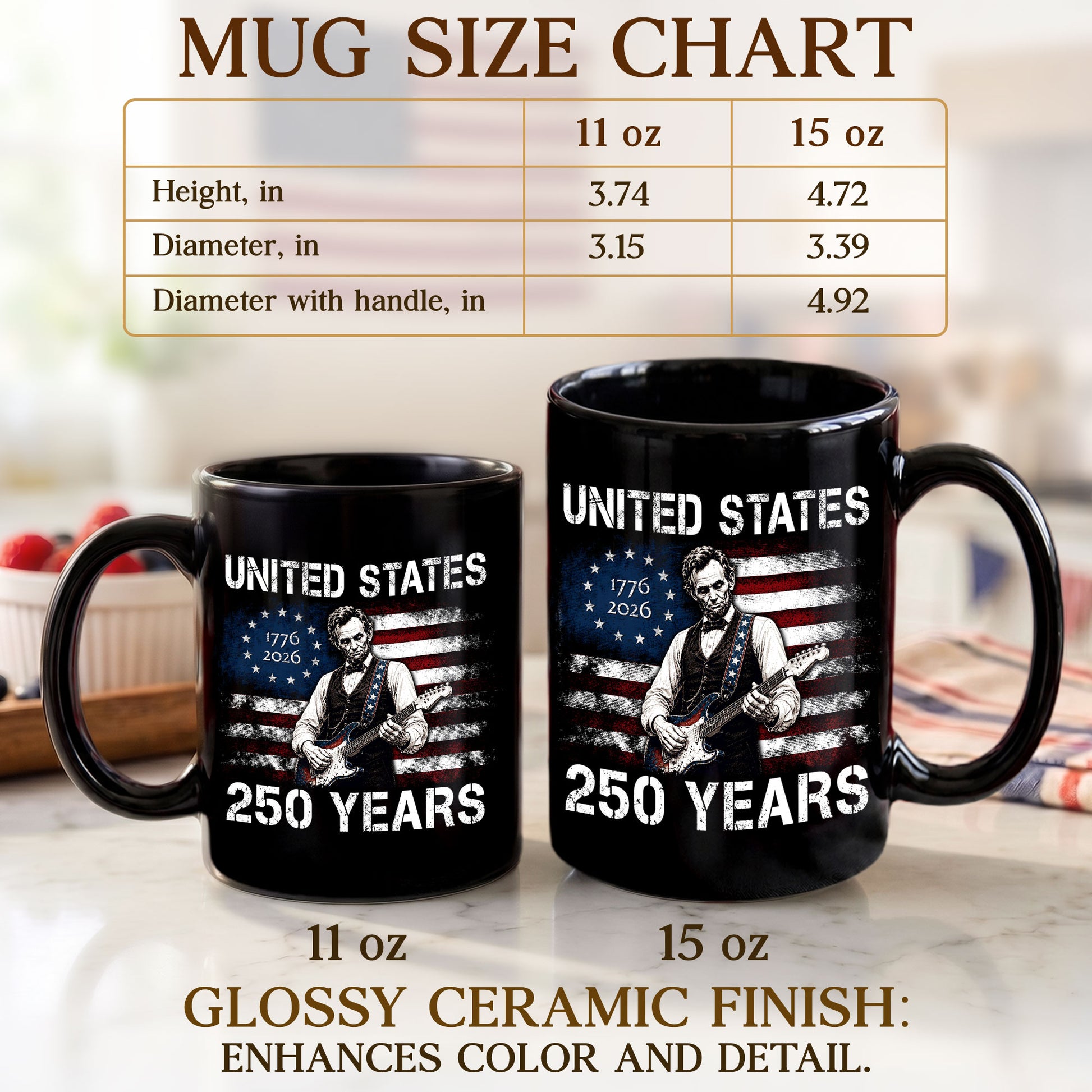 Abraham Lincoln Guitar 1776-2026 Anniversary Mug - Patriotic Drinkware for History Fans - Rust Field Wear