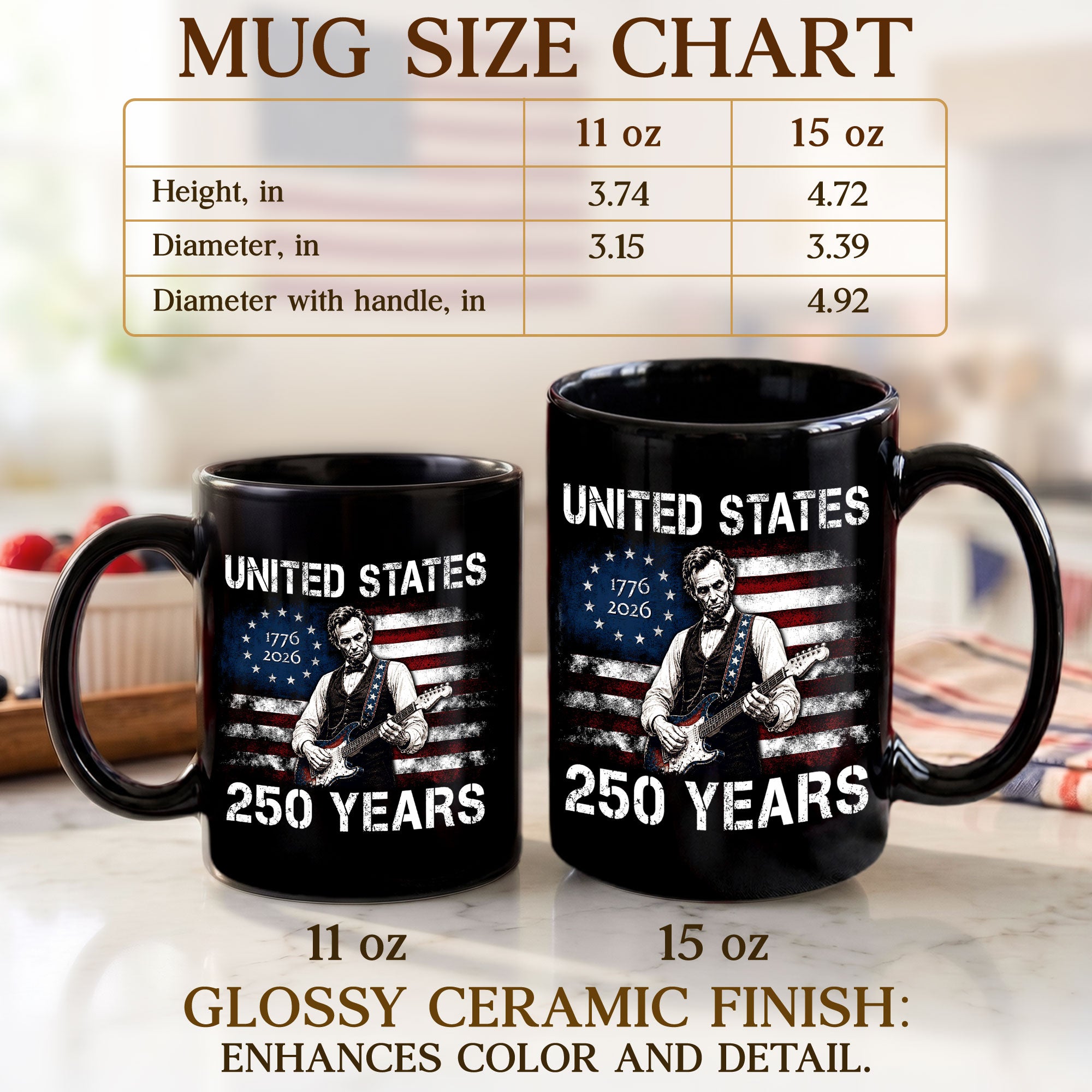 Abraham Lincoln Guitar 1776-2026 Anniversary Mug - Patriotic Drinkware for History Fans - Rust Field Wear