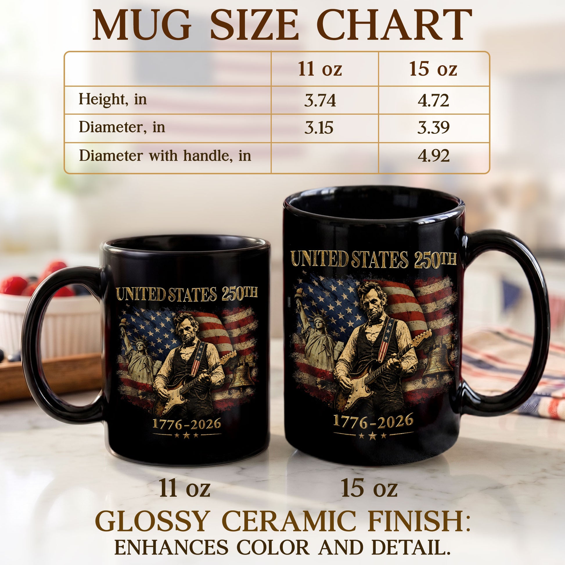 Historic USA 250th Anniversary 1776-2026 Lincoln Guitar Patriotic Symbols Mug Gift - Rust Field Wear