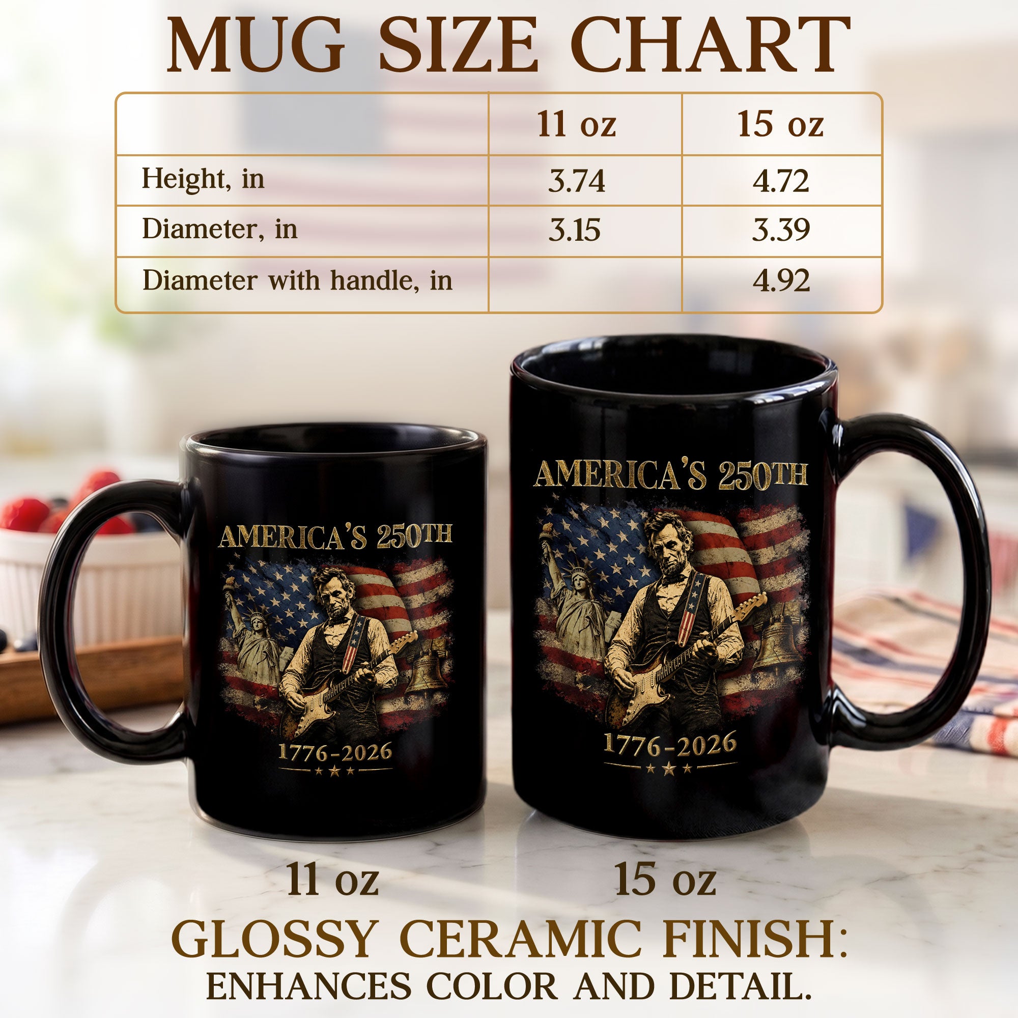 Historic USA 250th Anniversary 1776-2026 Lincoln Guitar Patriotic Symbols Mug Gift