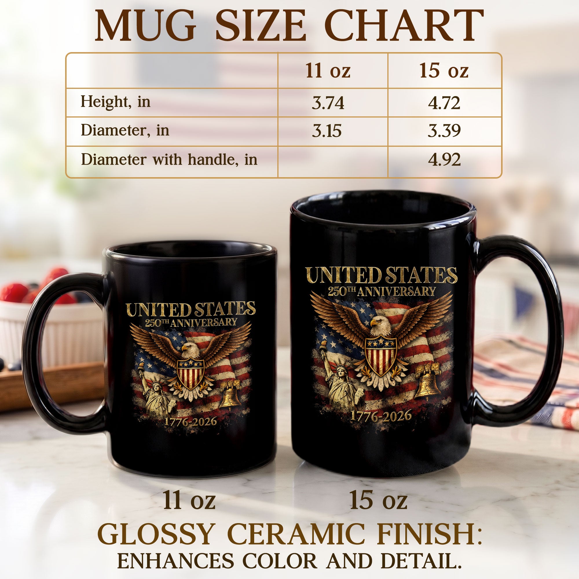 USA 250 Years 1776-2026 Patriotic Symbols Statue of Liberty Eagle Anniversary Mug