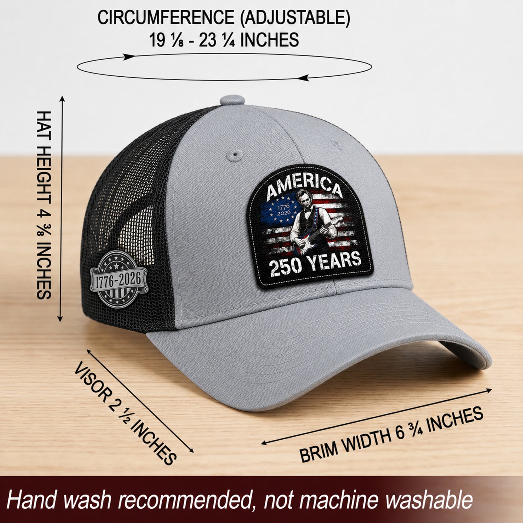 Lincoln Guitar Patch Hat America 250 Years 1776-2026 Patriotic Trucker Cap Mesh Back