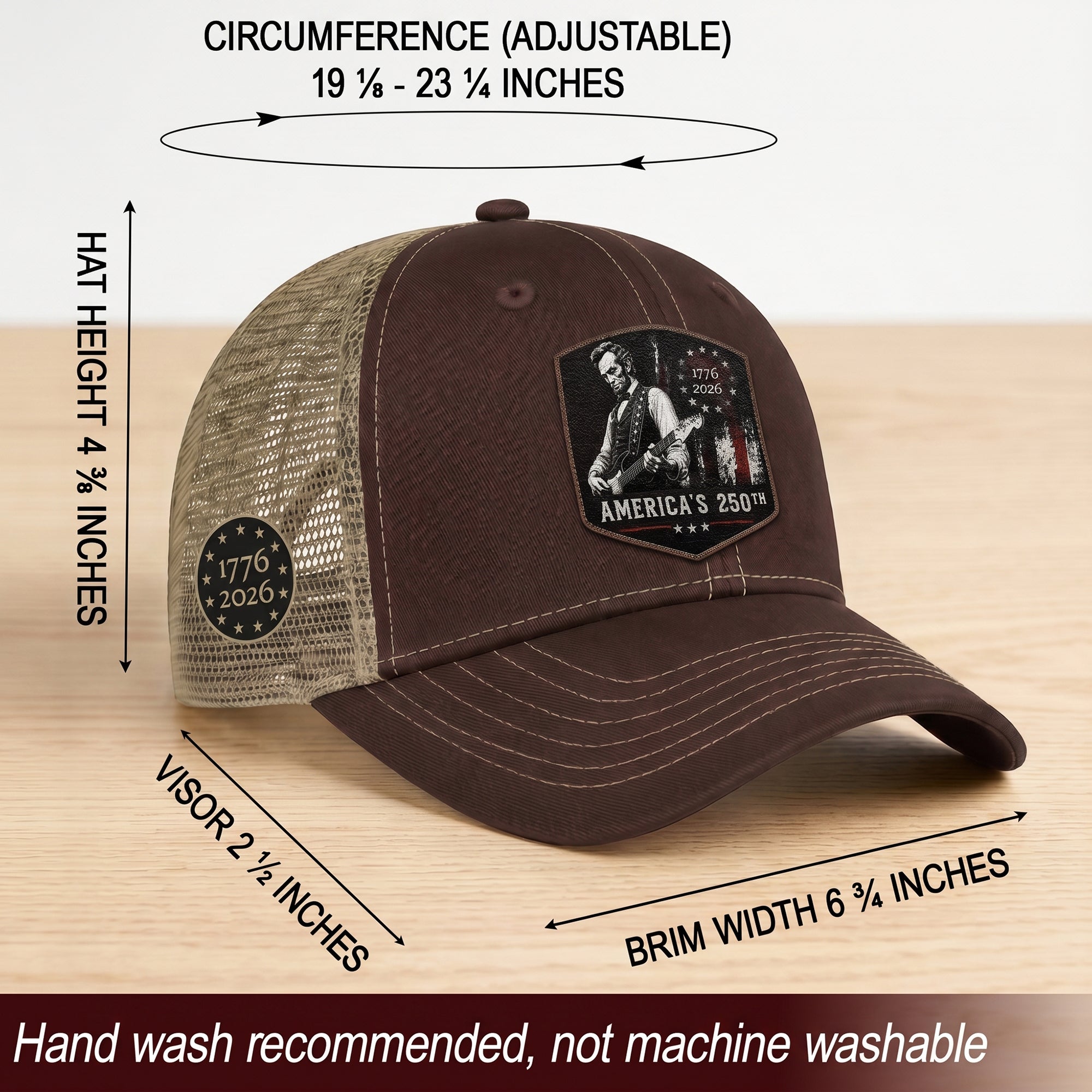 Lincoln Guitar 250th Anniversary Brown Hat 1776-2026 USA Patriotic Trucker Cap