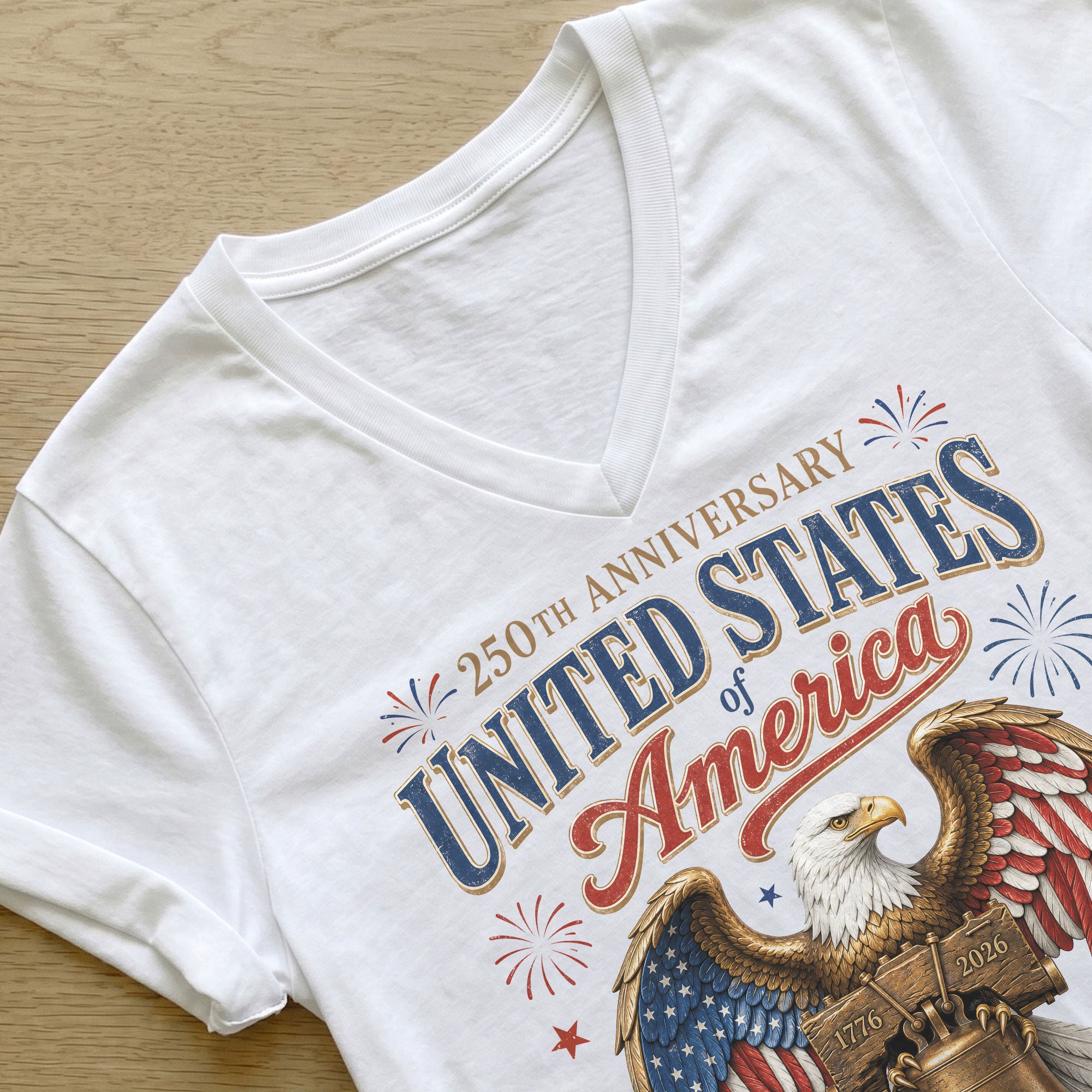 Patriotic 250th Anniversary V-Neck T-Shirt United States Of America Freedom Graphic - Rust Field Wear