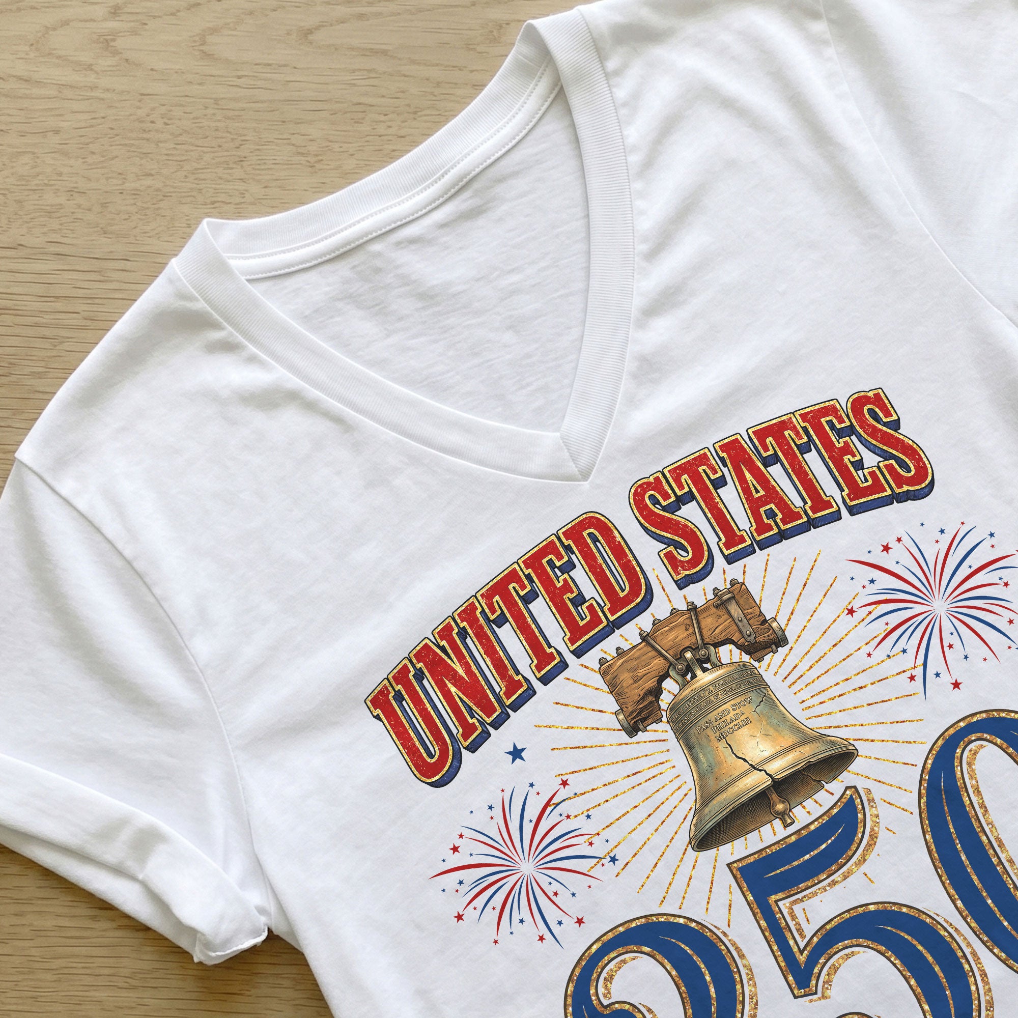 Women's V-Neck Graphic Top United States 250 Years Anniversary Celebration Tee - Rust Field Wear
